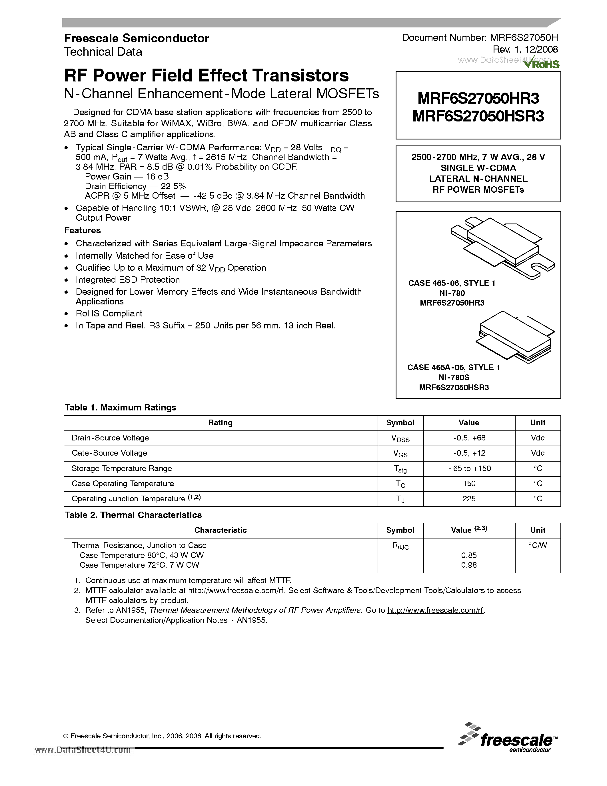 Datasheet MRF6S27050HR3 page 1 Datasheet MRF6S27050HR3 - RF Power Field Effect Transistors page 1