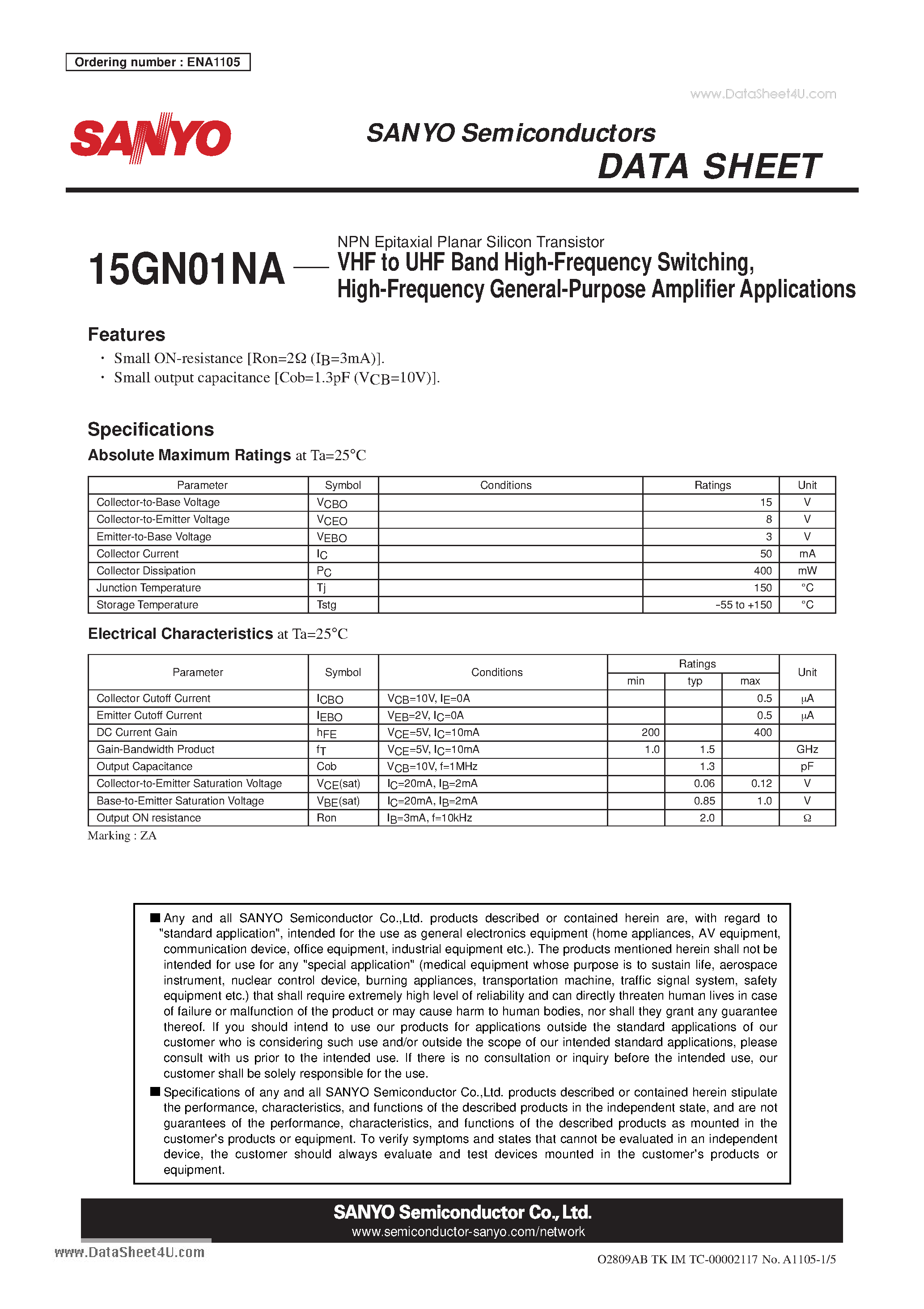 Datasheet 15GN01NA - NPN Epitaxial Planar Silicon Transistor VHF to UHF Band High-Frequency Switching page 1