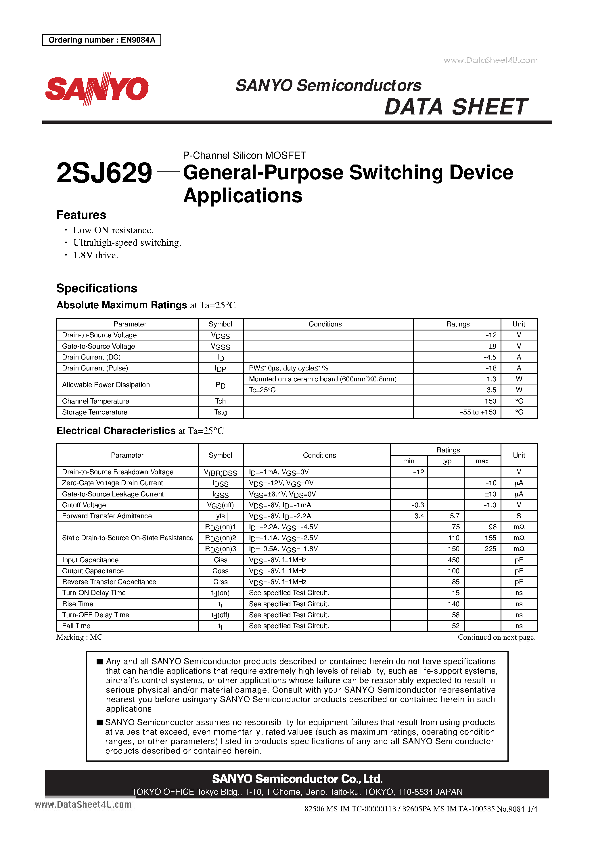 Даташит 2SJ629 - General-Purpose Switching Device Applications страница 1