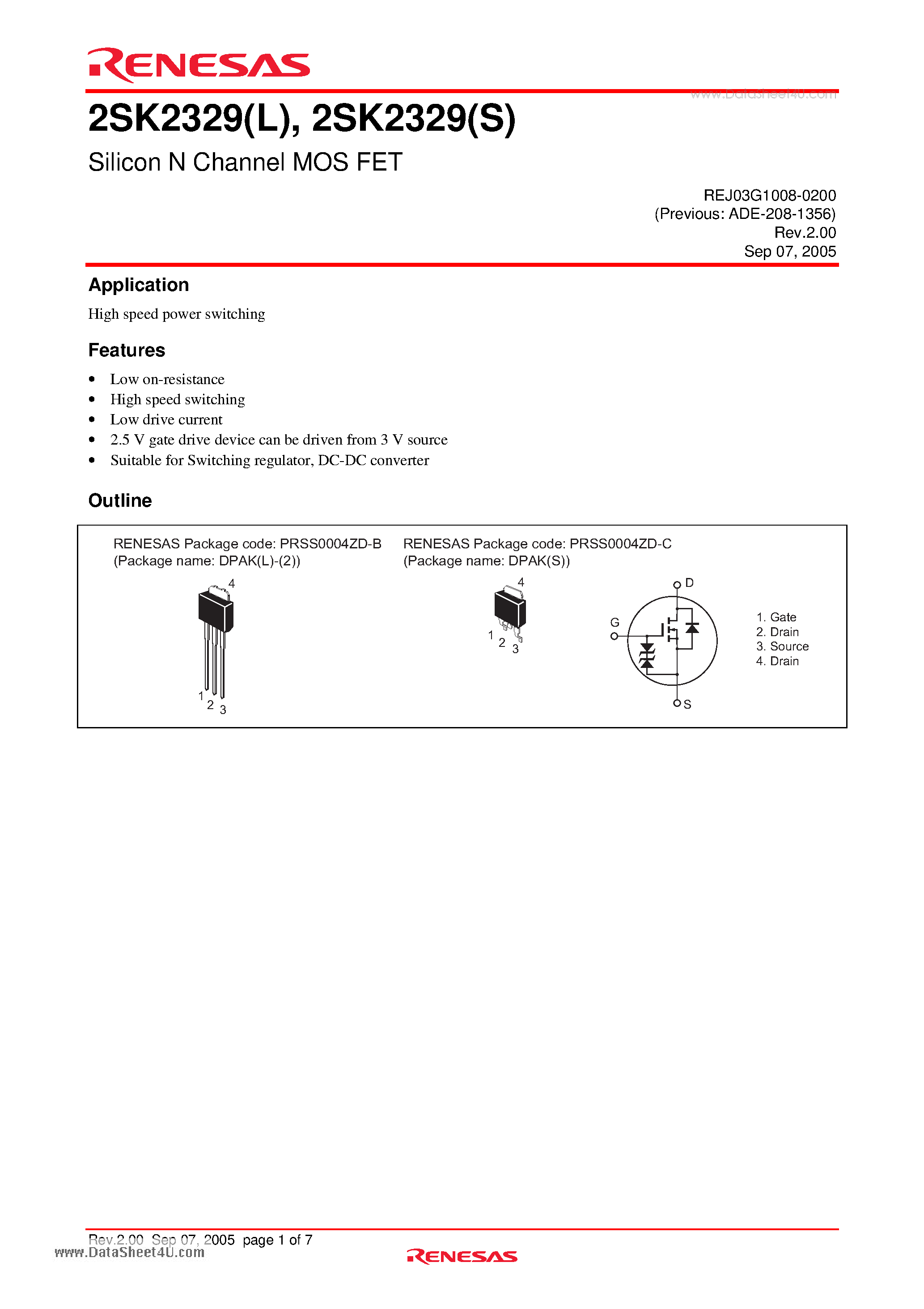 Datasheet 2SK3239 - Silicon N Channel MOS FET page 1