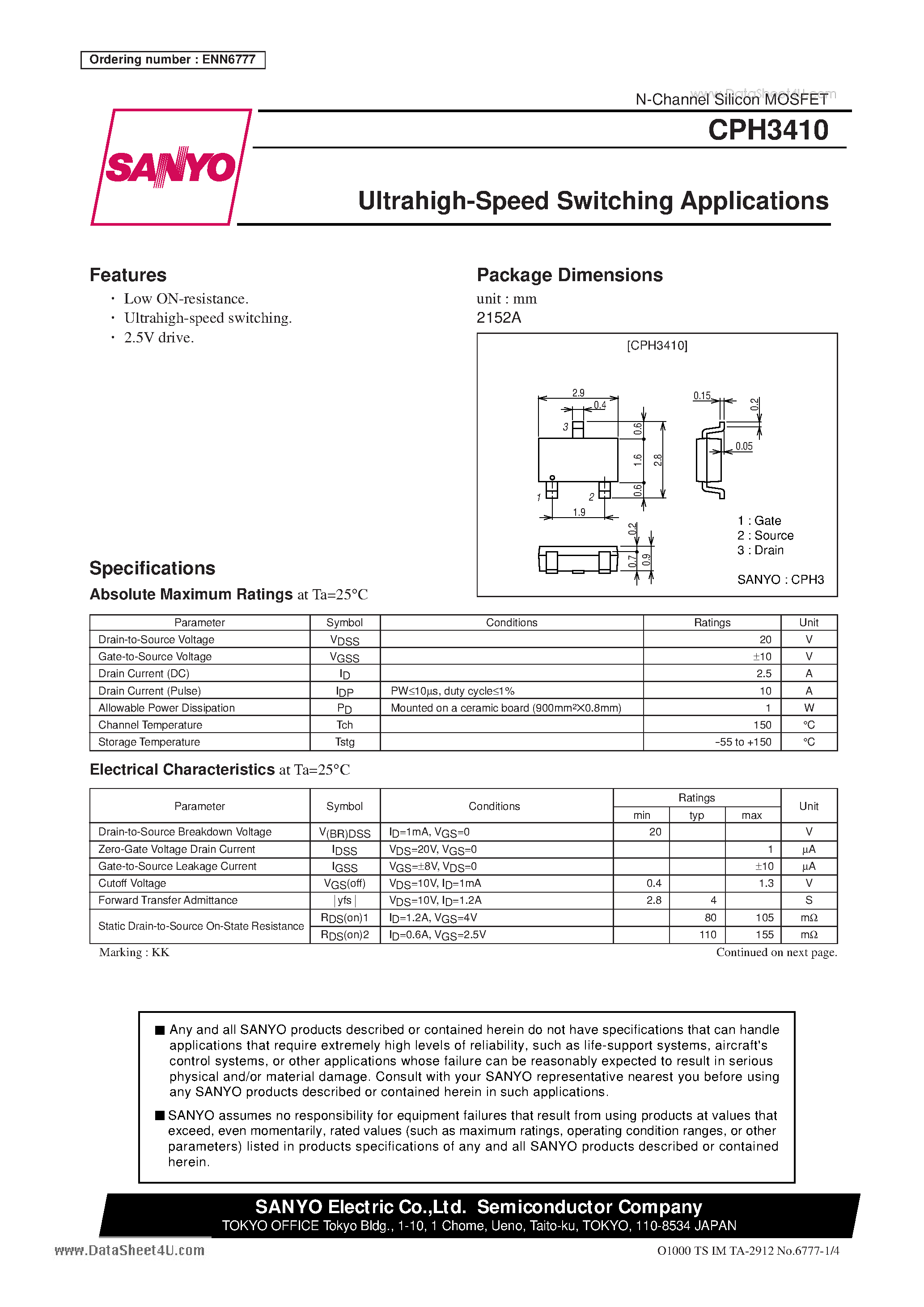 Даташит CPH3410 - Ultrahigh-Speed Switching Applications страница 1