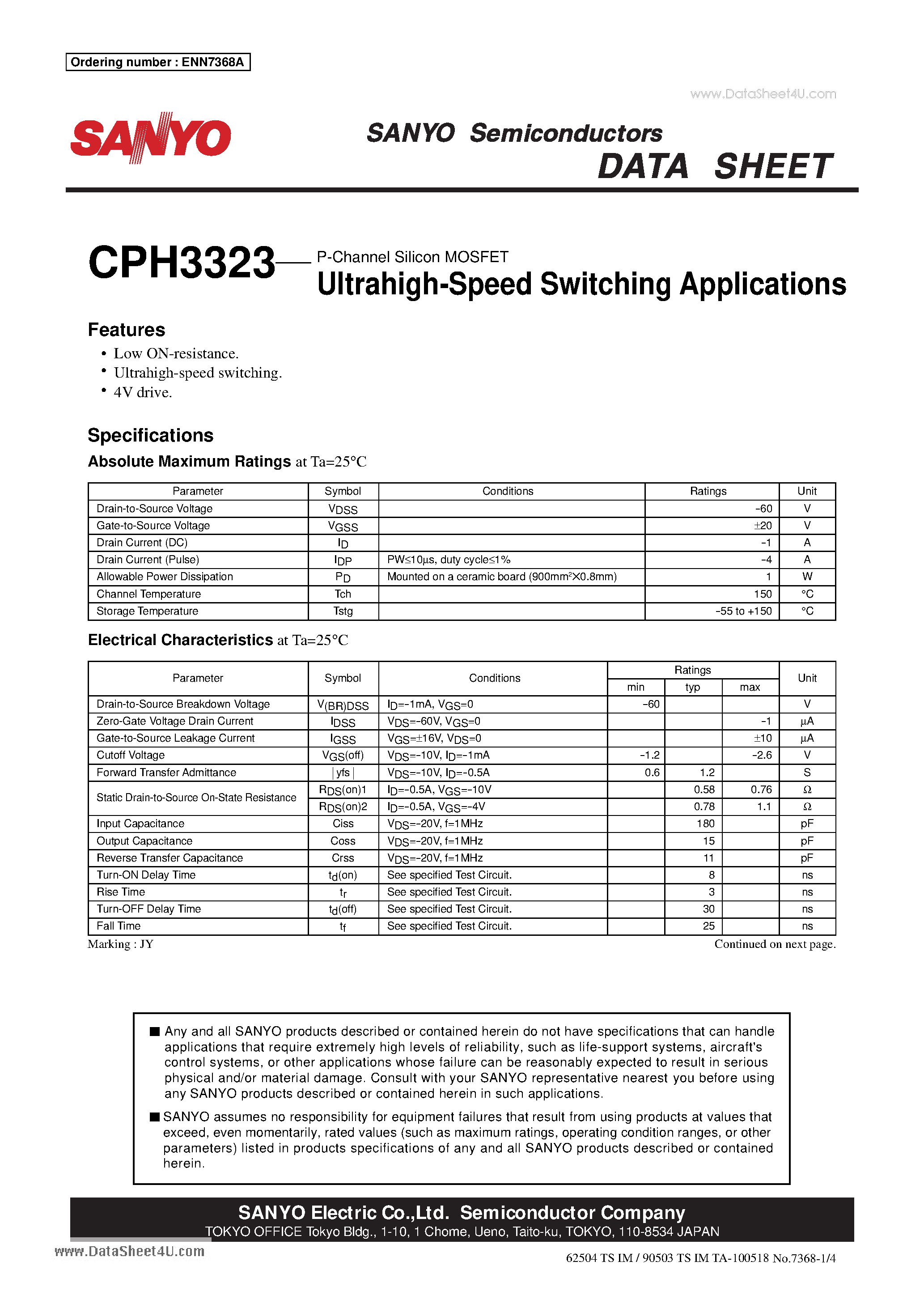 Даташит на микросхему CPH3323 страница 1 Даташит CPH3323 - Ultrahigh-Speed Switching Applications страница 1