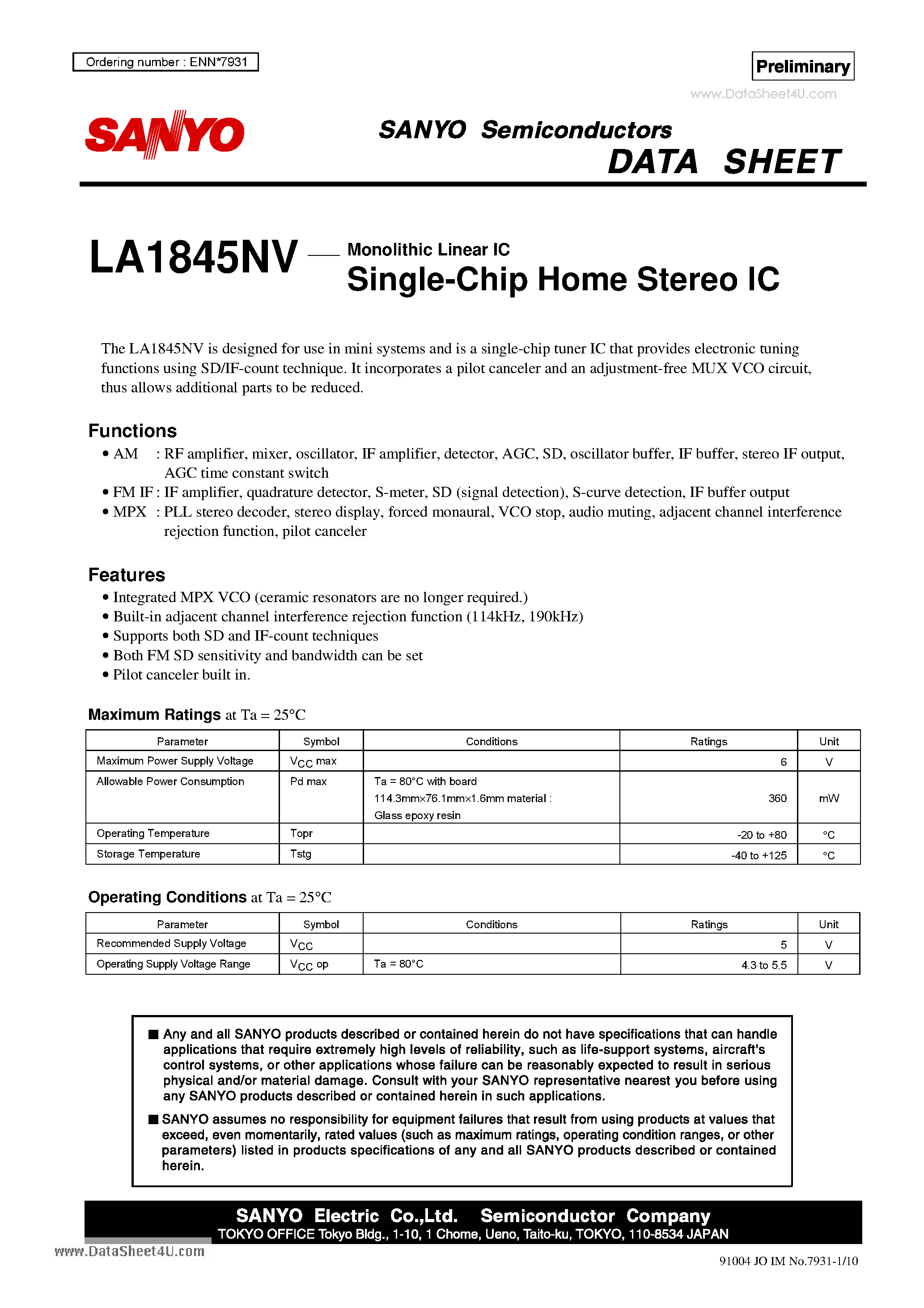 Даташит LA1845NV - Single-Chip Home Stereo IC страница 1