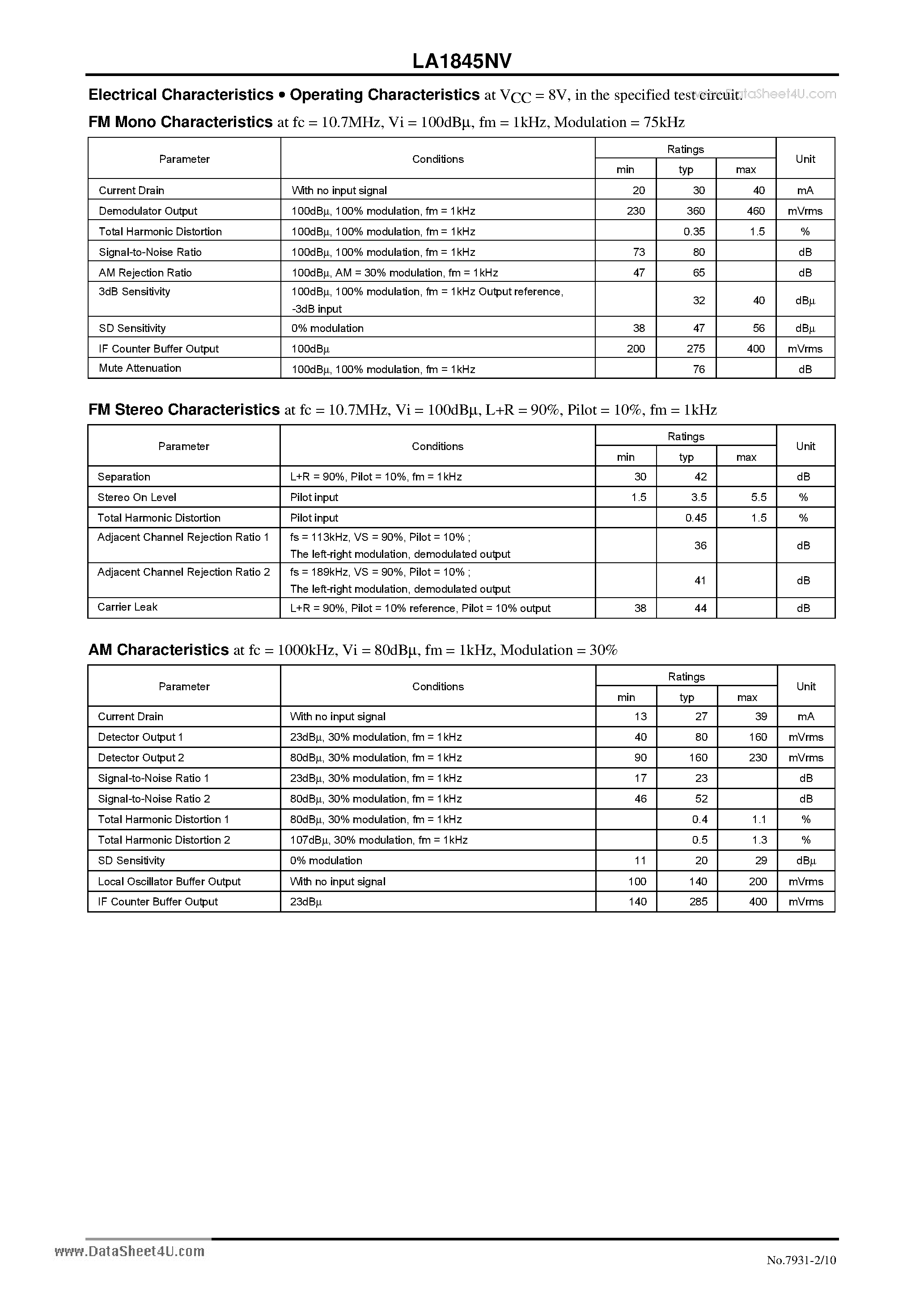 Даташит LA1845NV - Single-Chip Home Stereo IC страница 2