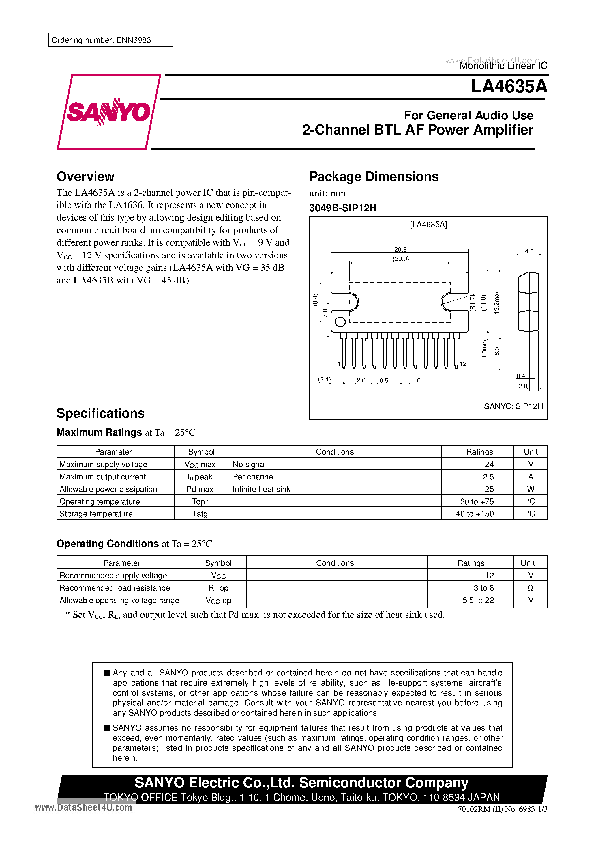 Datasheet LA4635A - For General Audio Use 2-Channel BTL AF Power Amplifier page 1