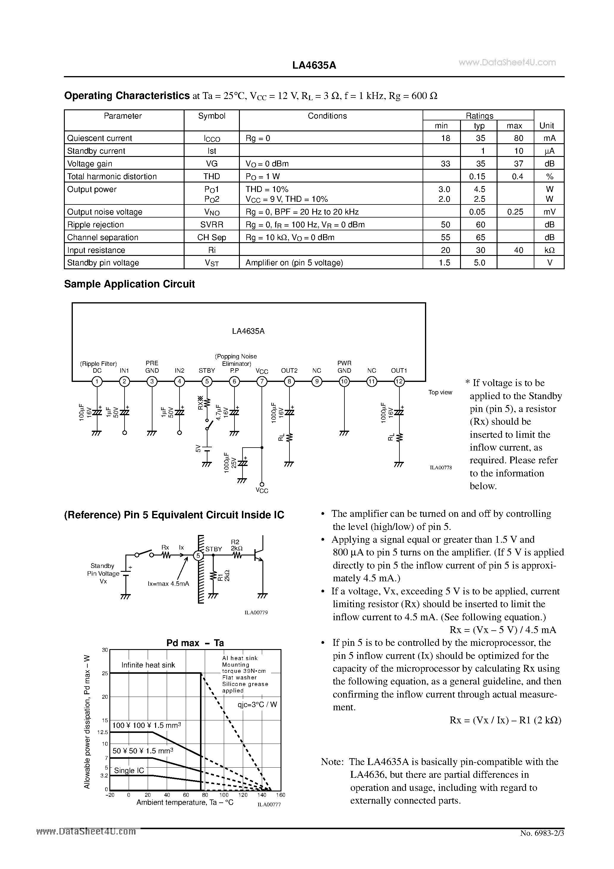 Datasheet LA4635A - For General Audio Use 2-Channel BTL AF Power Amplifier page 2