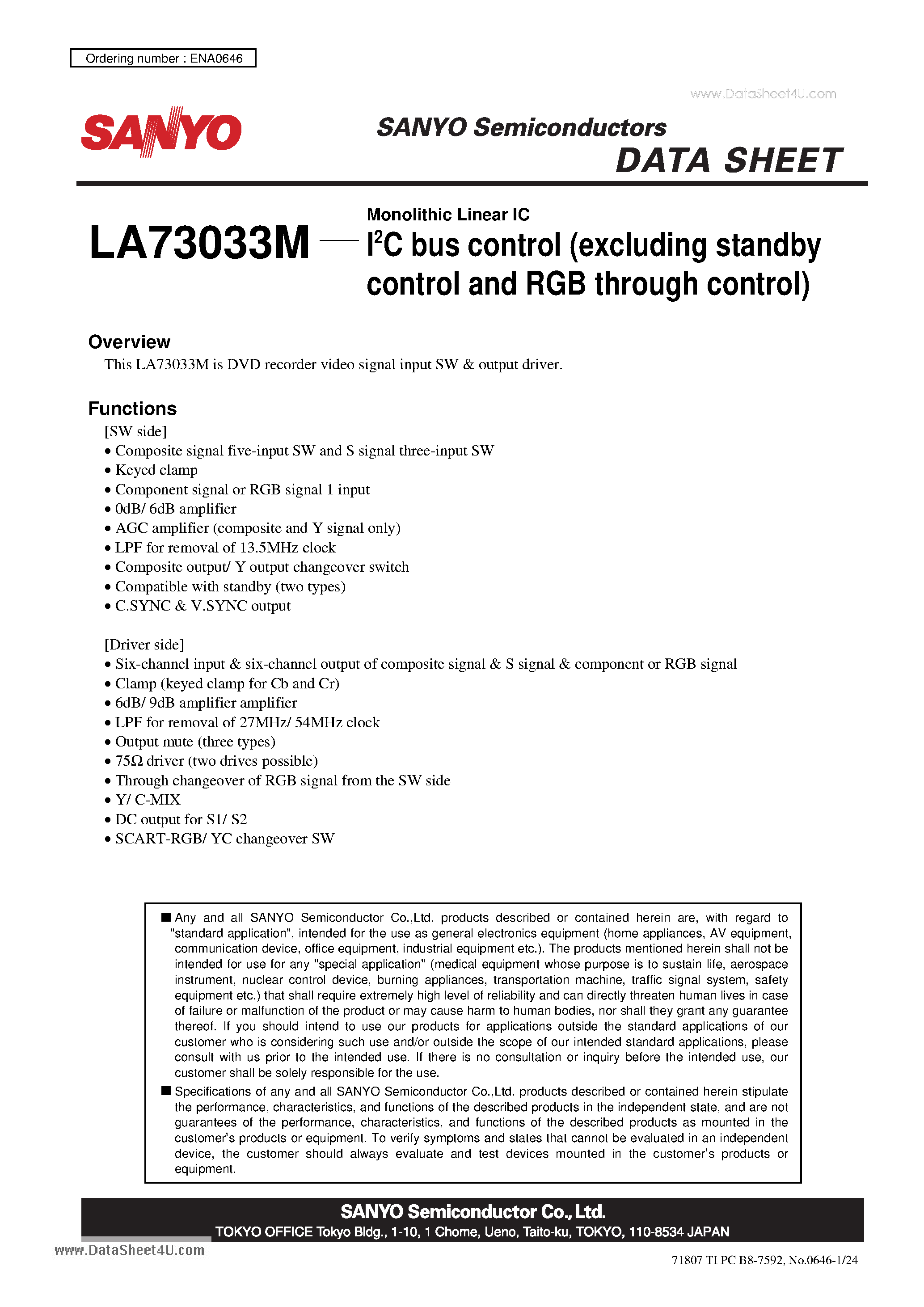 Даташит на микросхему LA73033M страница 1 Даташит LA73033M - Monolithic Linear IC I2C bus control (excluding standby control and RGB through control) страница 1