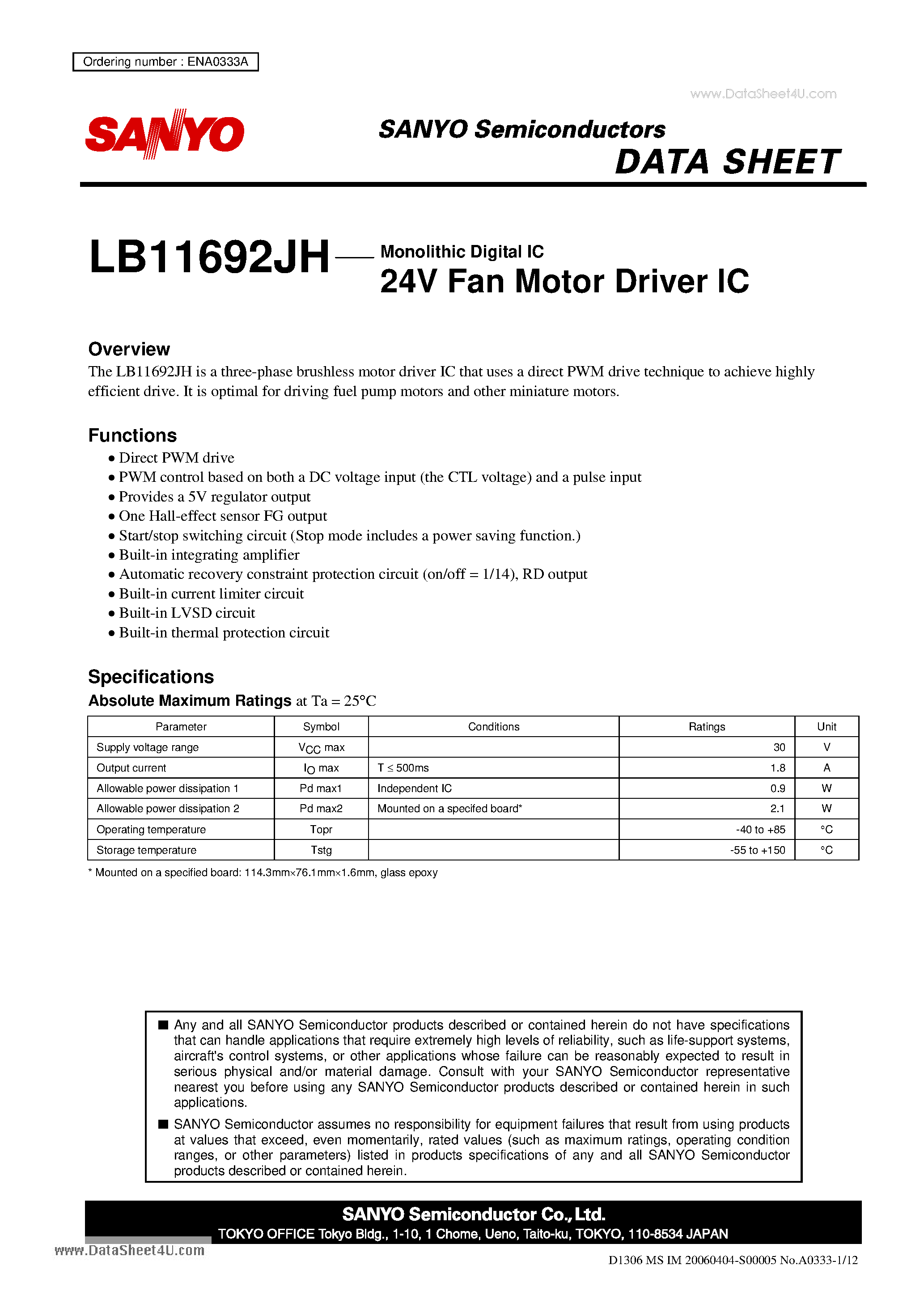 Datasheet LB11692JH - Monolithic Digital IC 24V Fan Motor Driver IC page 1