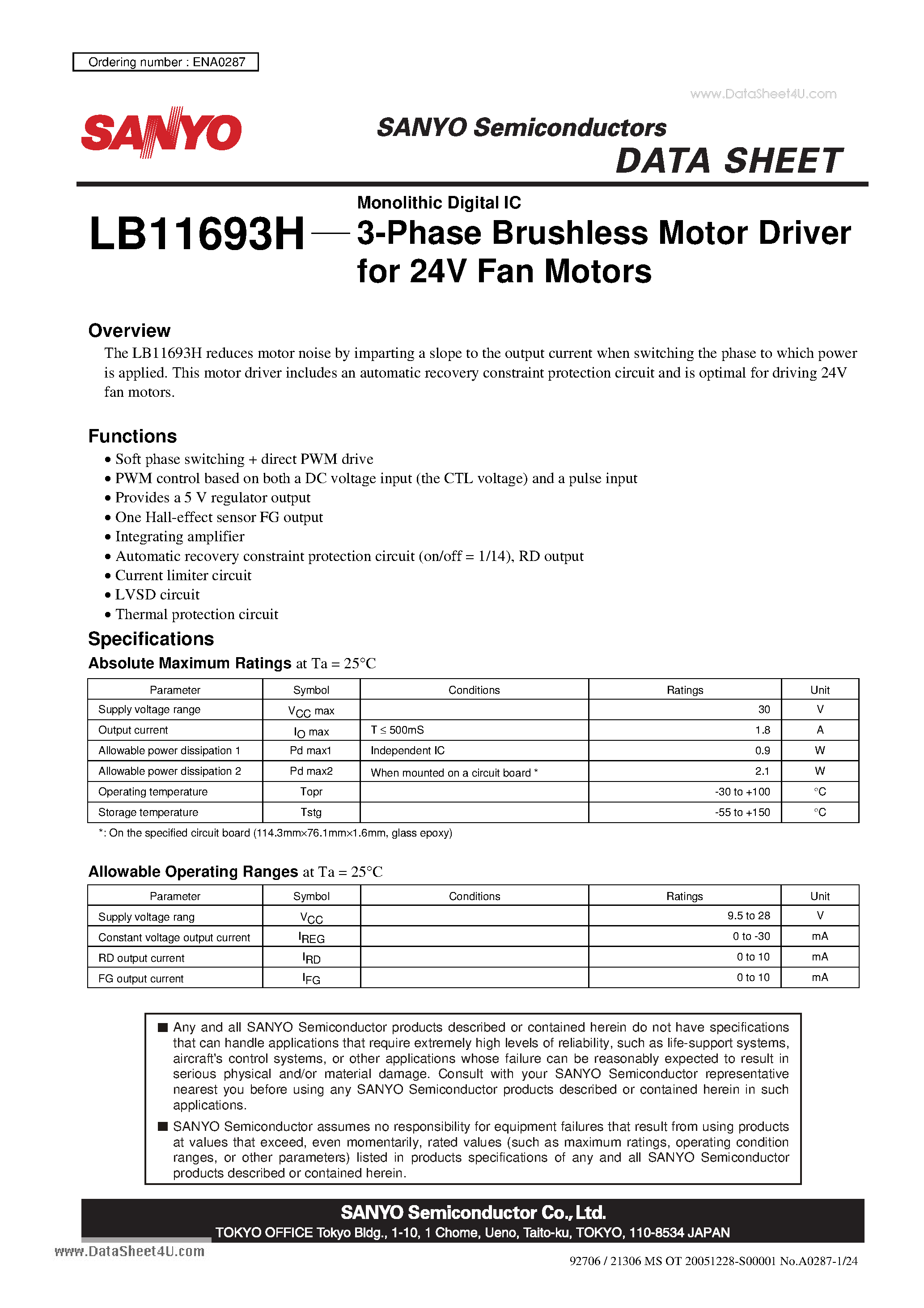 Datasheet LB11693H - Monolithic Digital IC 3-Phase Brushless Motor Driver page 1