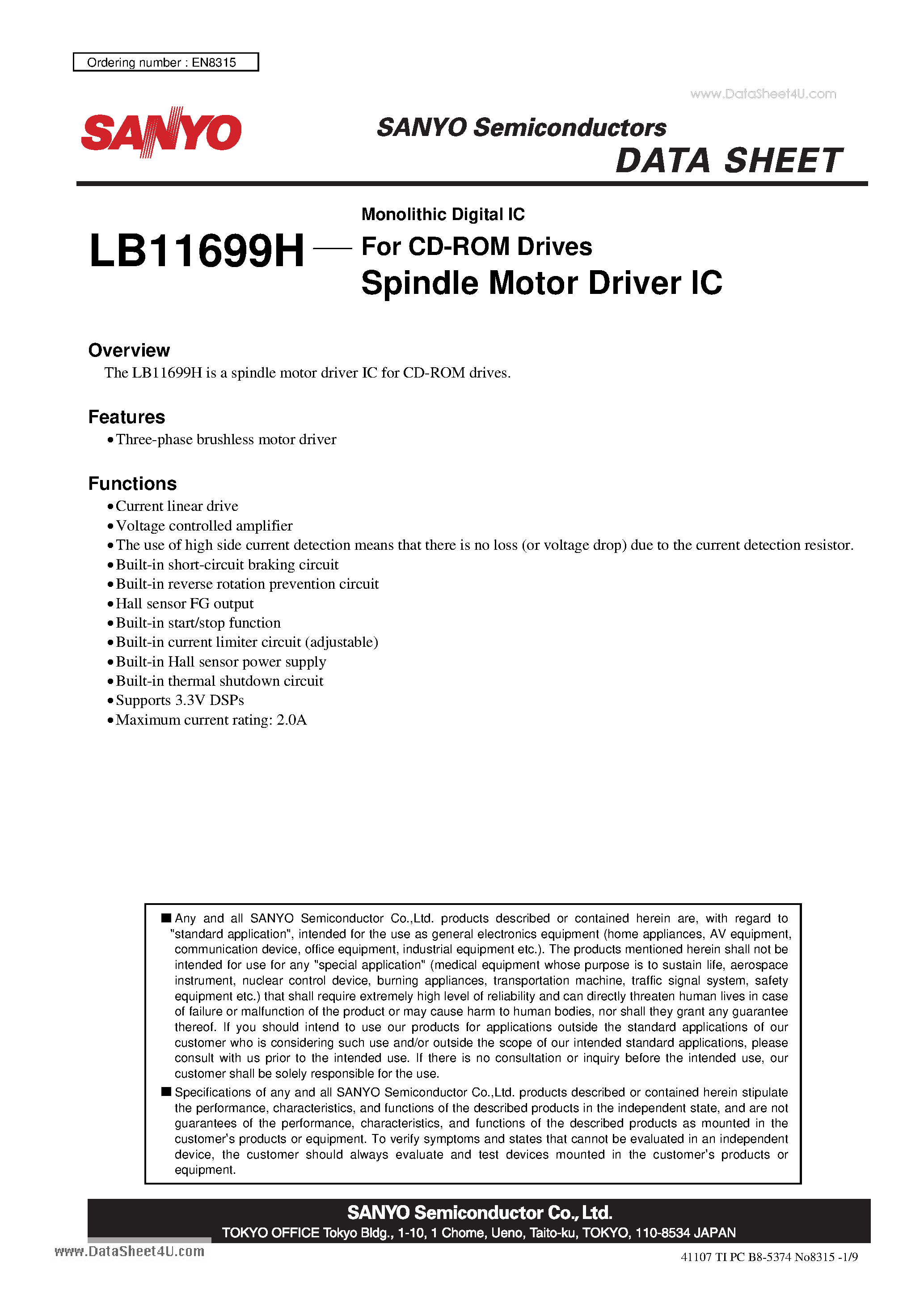 Datasheet LB11699H - Spindle Motor Driver IC page 1