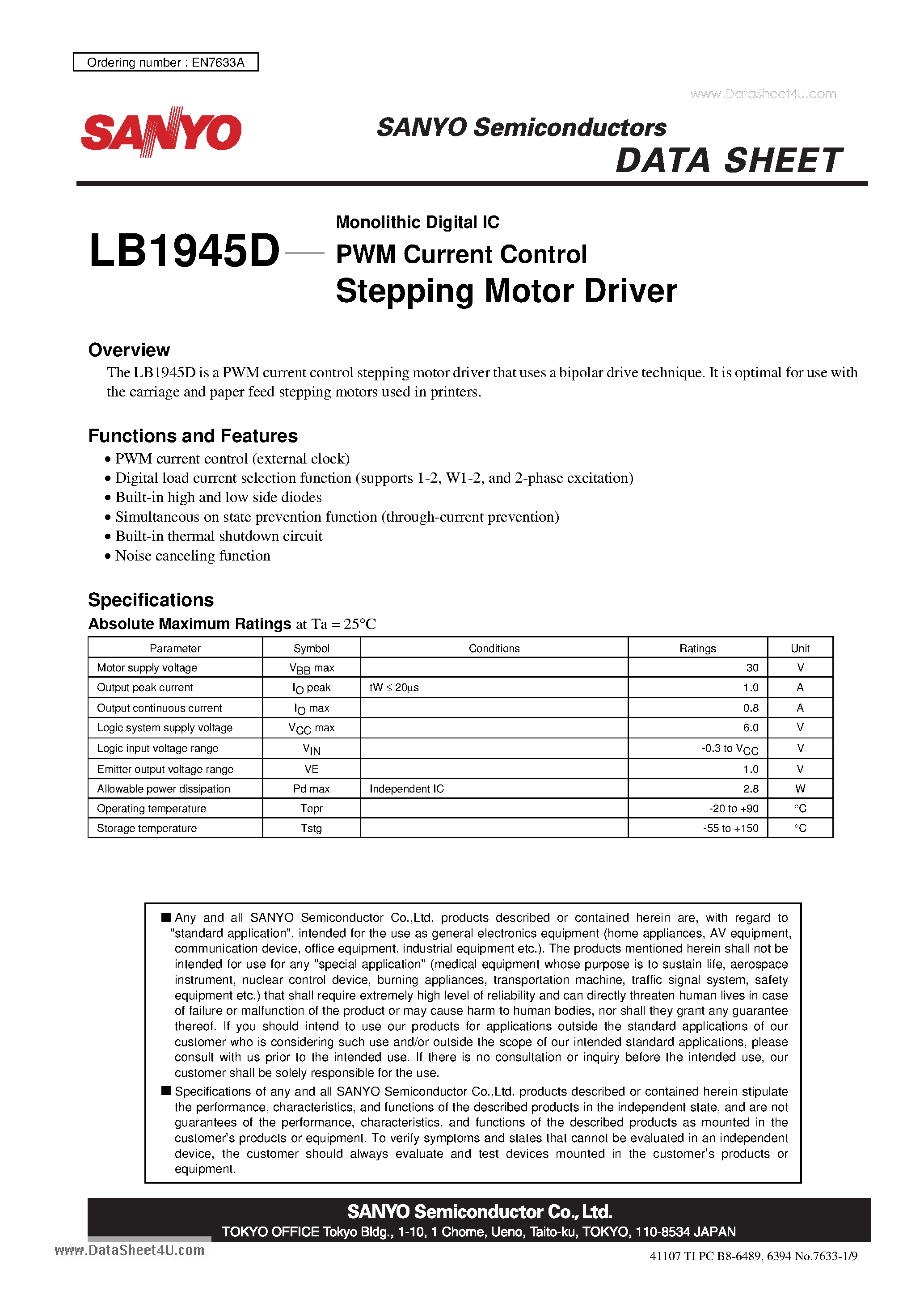 Даташит LB1945D - Stepping Motor Driver страница 1