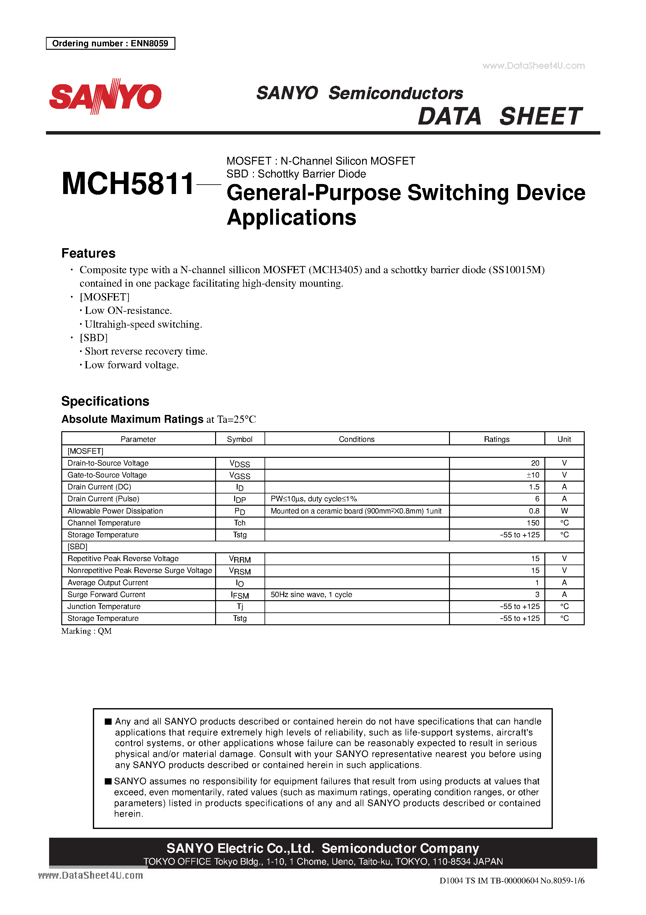 Datasheet MCH5811 page 1 Datasheet MCH5811 - General-Purpose Switching Device Applications page 1