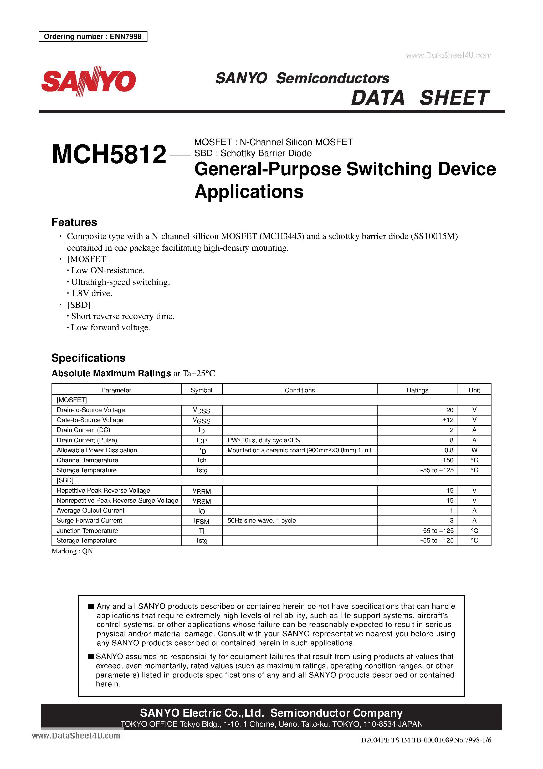 Datasheet MCH5812 page 1 Datasheet MCH5812 - General-Purpose Switching Device Applications page 1