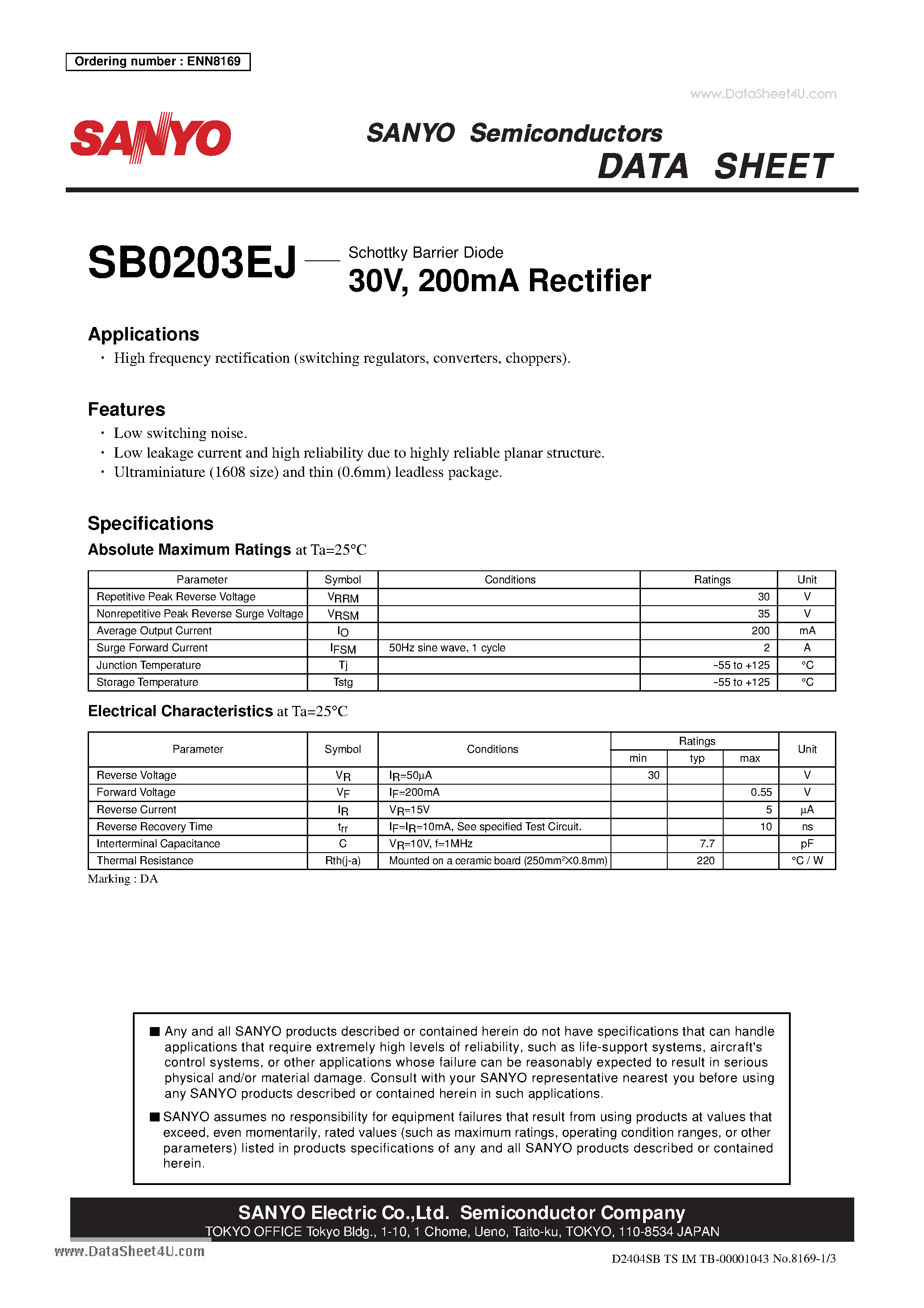 Datasheet SB0203EJ page 1 Datasheet SB0203EJ - Schottky Barrier Diode 30V 200mA Rectifier page 1