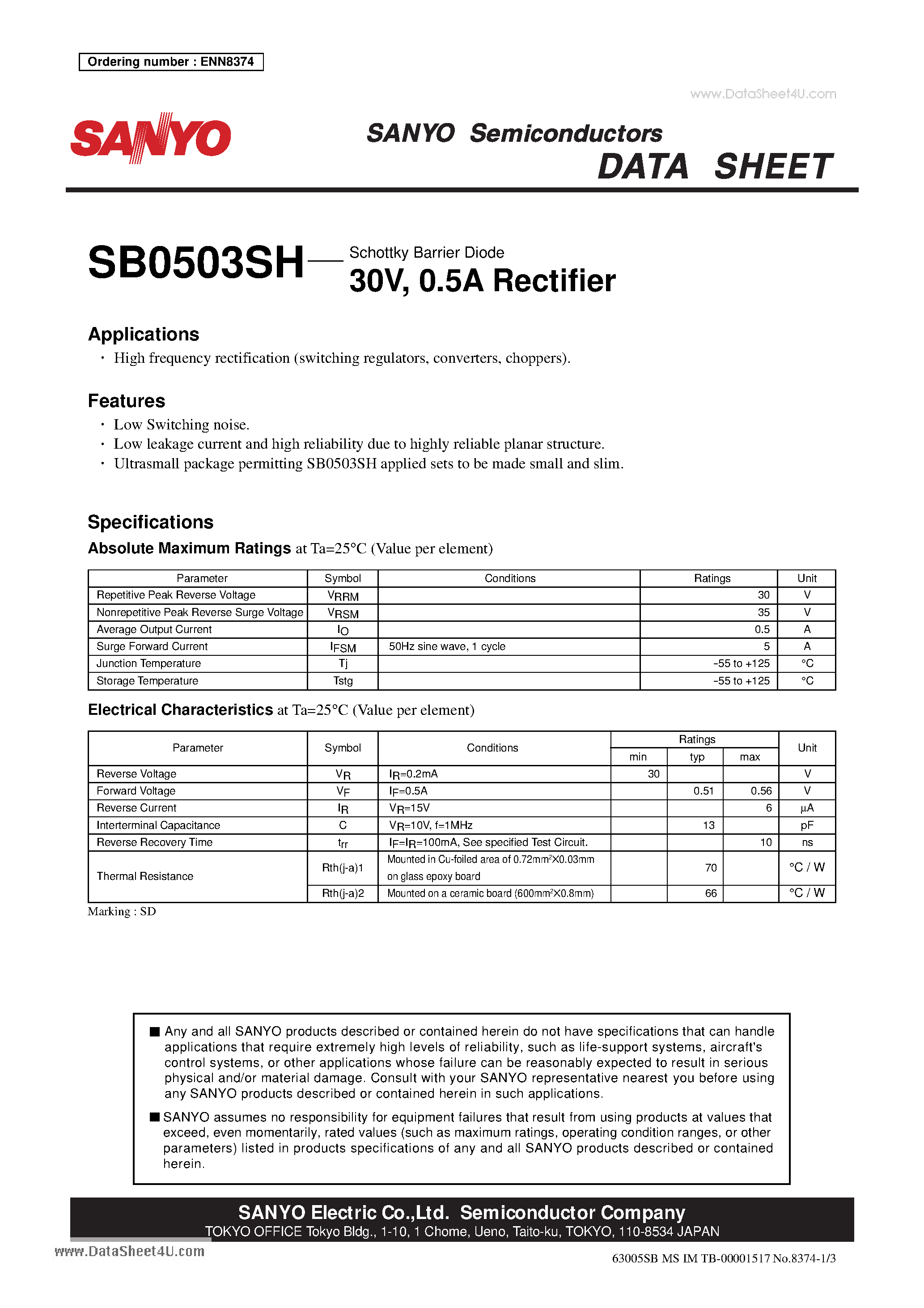 Datasheet SB0503SH - Schottky Barrier Diode 30V 0.5A Rectifier page 1