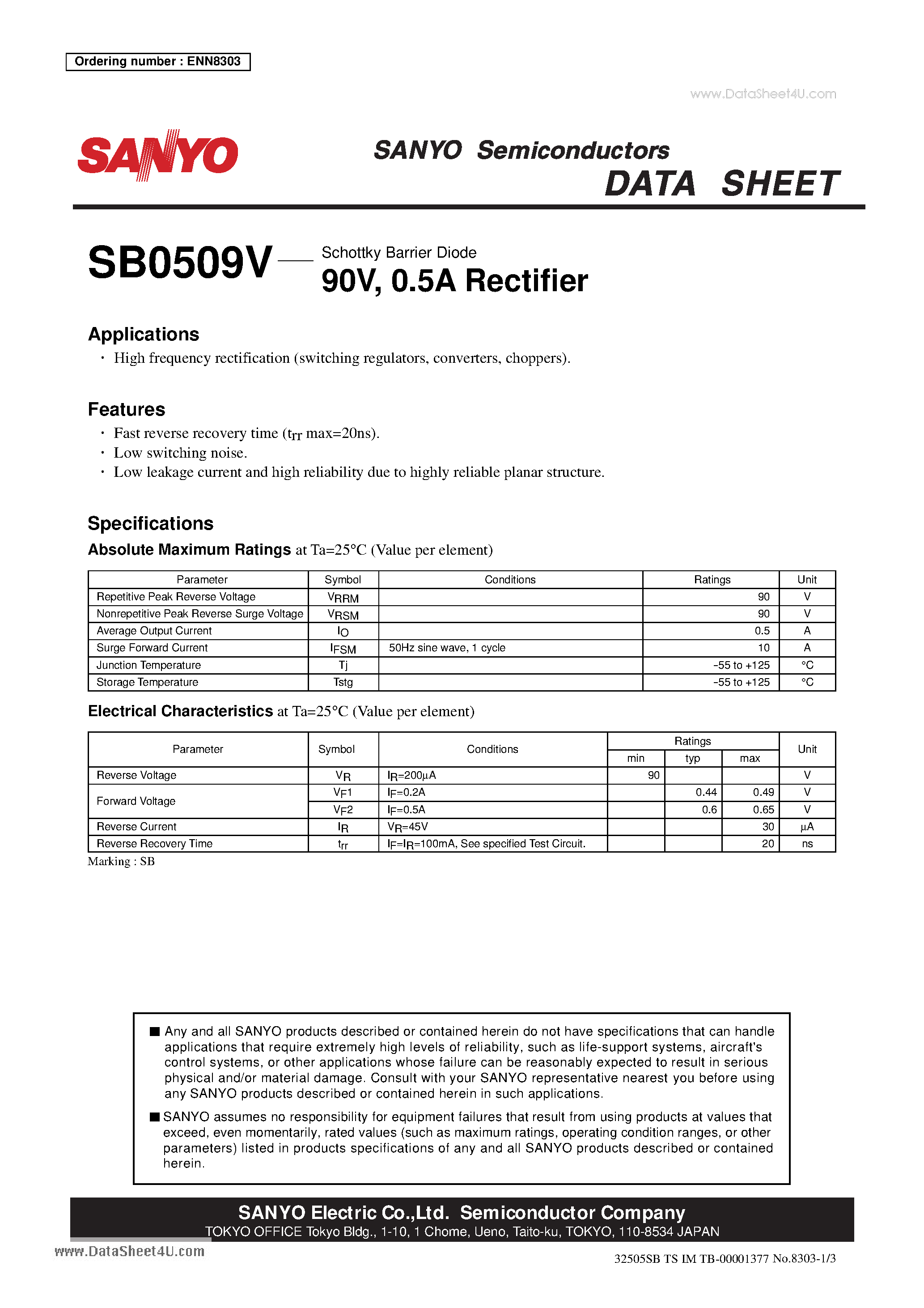 Datasheet SB0509V - Schottky Barrier Diode 90V 0.5A Rectifier page 1