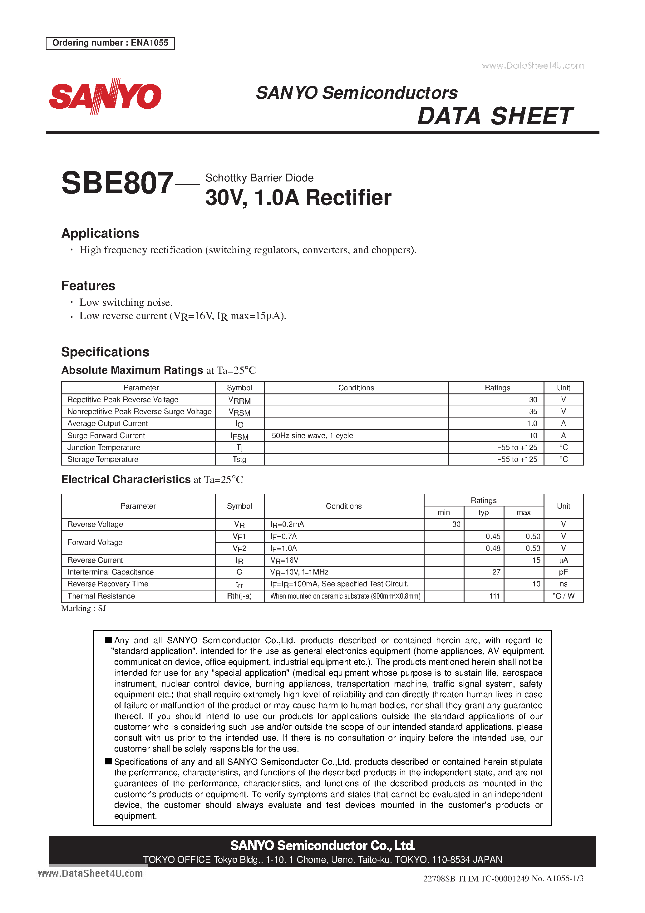 Datasheet SBE807 - Schottky Barrier Diode 30V 1.0A Rectifier page 1