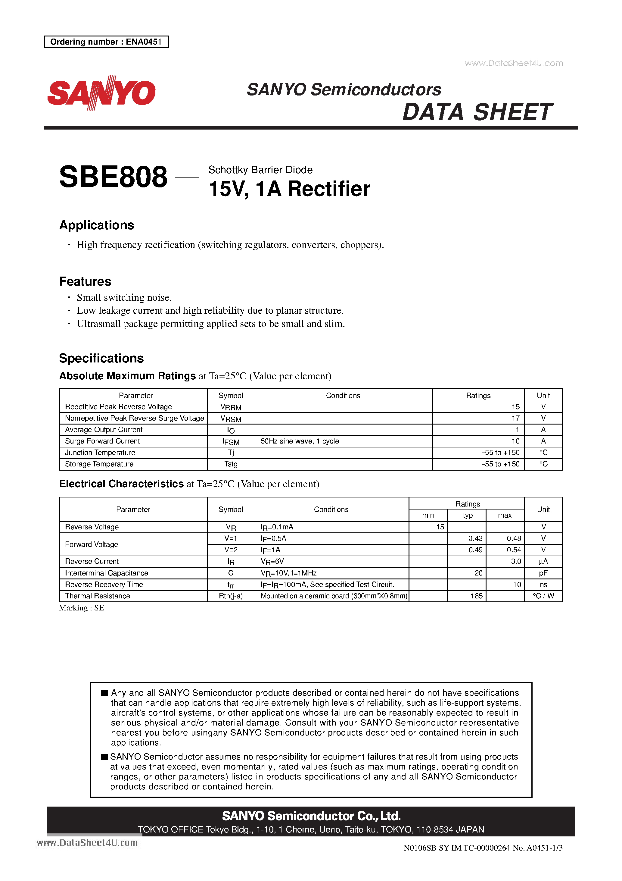 Datasheet SBE808 page 1 Datasheet SBE808 - Schottky Barrier Diode 15V 1A Rectifier page 1