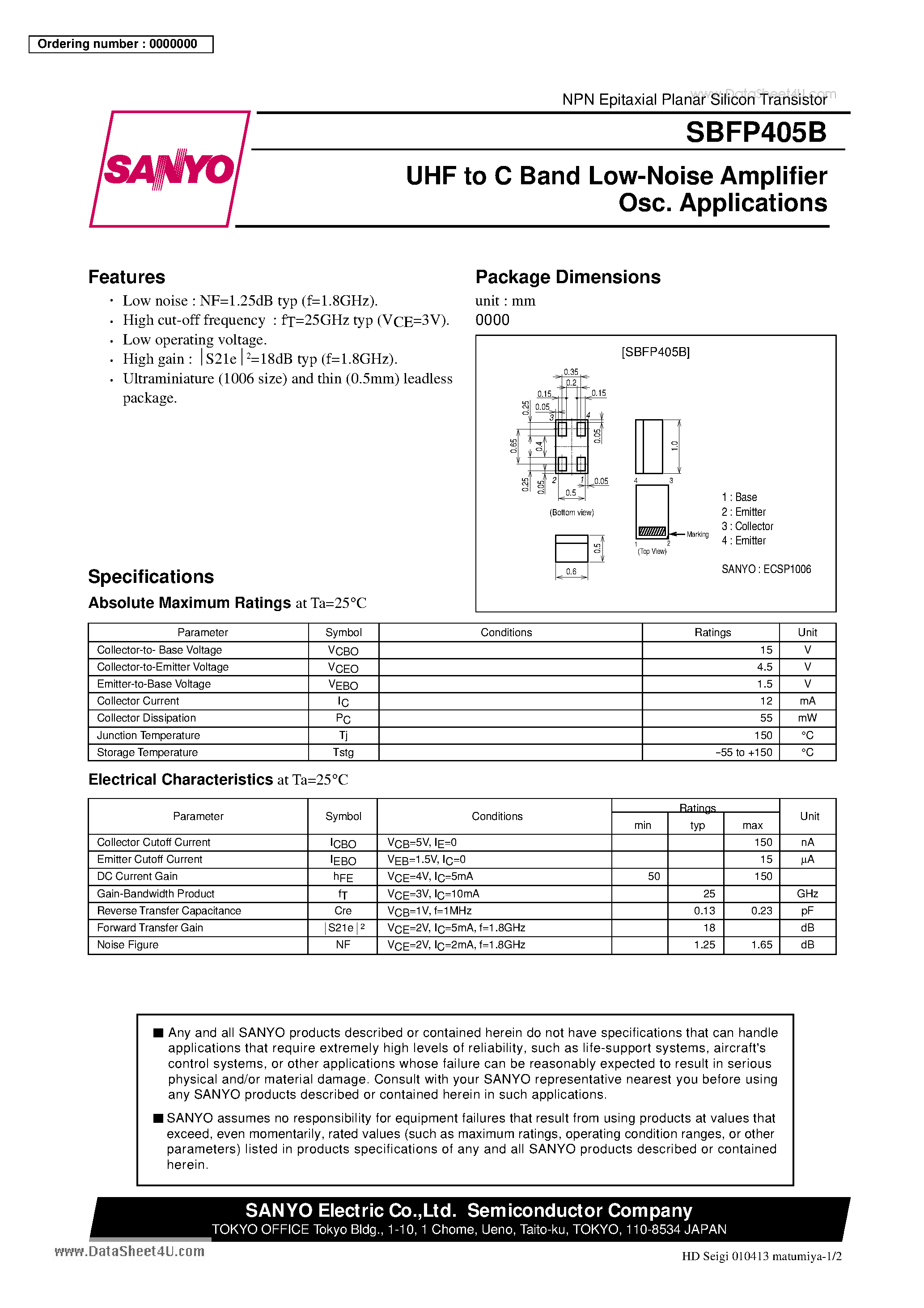 Datasheet SBFP405B - UHF to C Band Low-Noise Amplifier Osc. Applications page 1