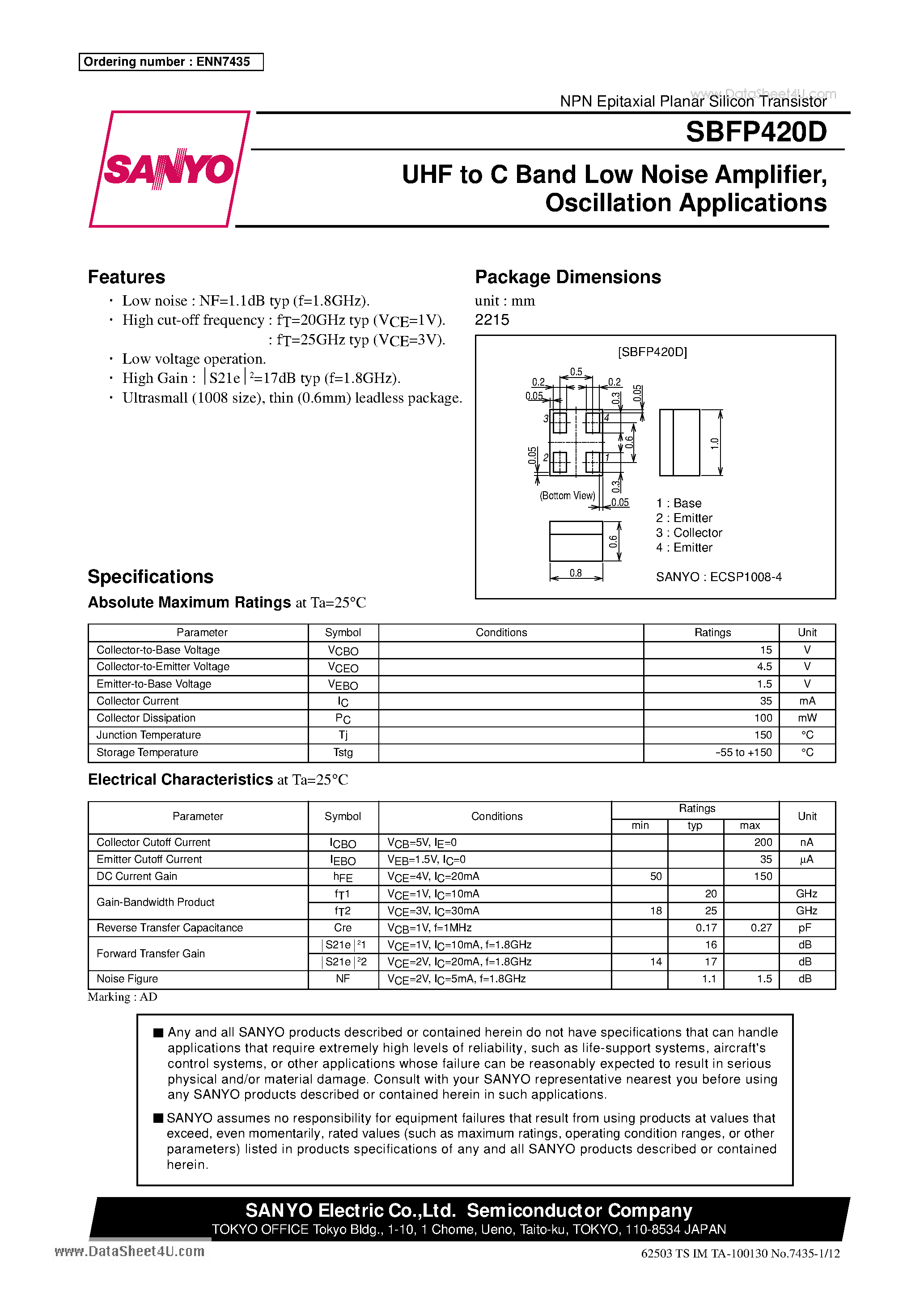Datasheet SBFP420D - UHF to C Band Low Noise Amplifier Oscillation Applications page 1