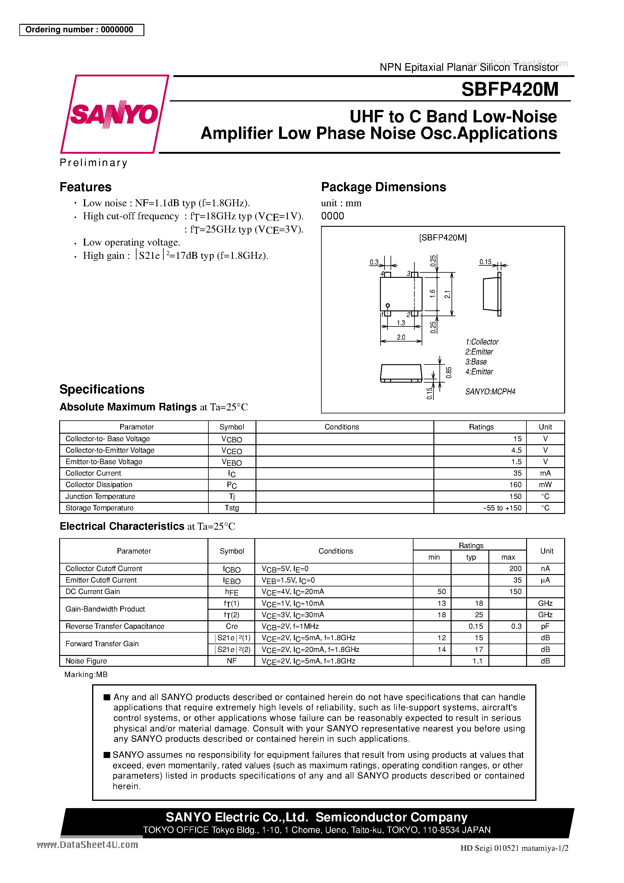 Datasheet SBFP420M - UHF to C Band Low-Noise Amplifier Low Phase Noise Osc.Applications page 1