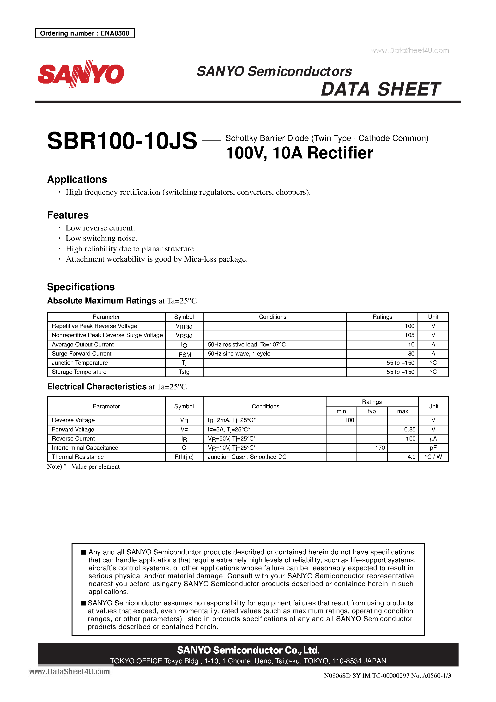 Datasheet SBR100-10JS page 1 Datasheet SBR100-10JS - 100V 10A Rectifier page 1