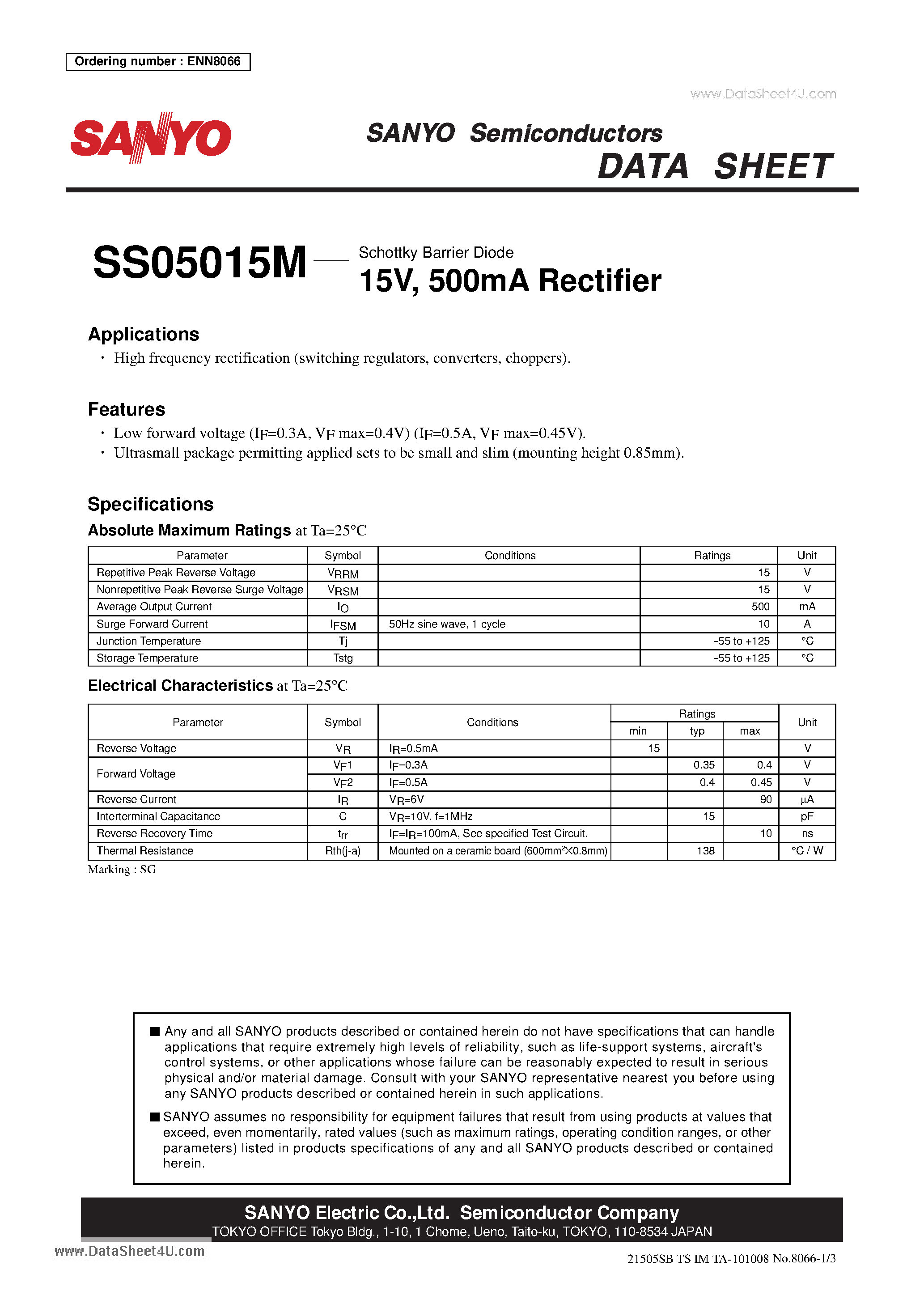 Datasheet SS05015M - Schottky Barrier Diode 15V 500mA Rectifier page 1