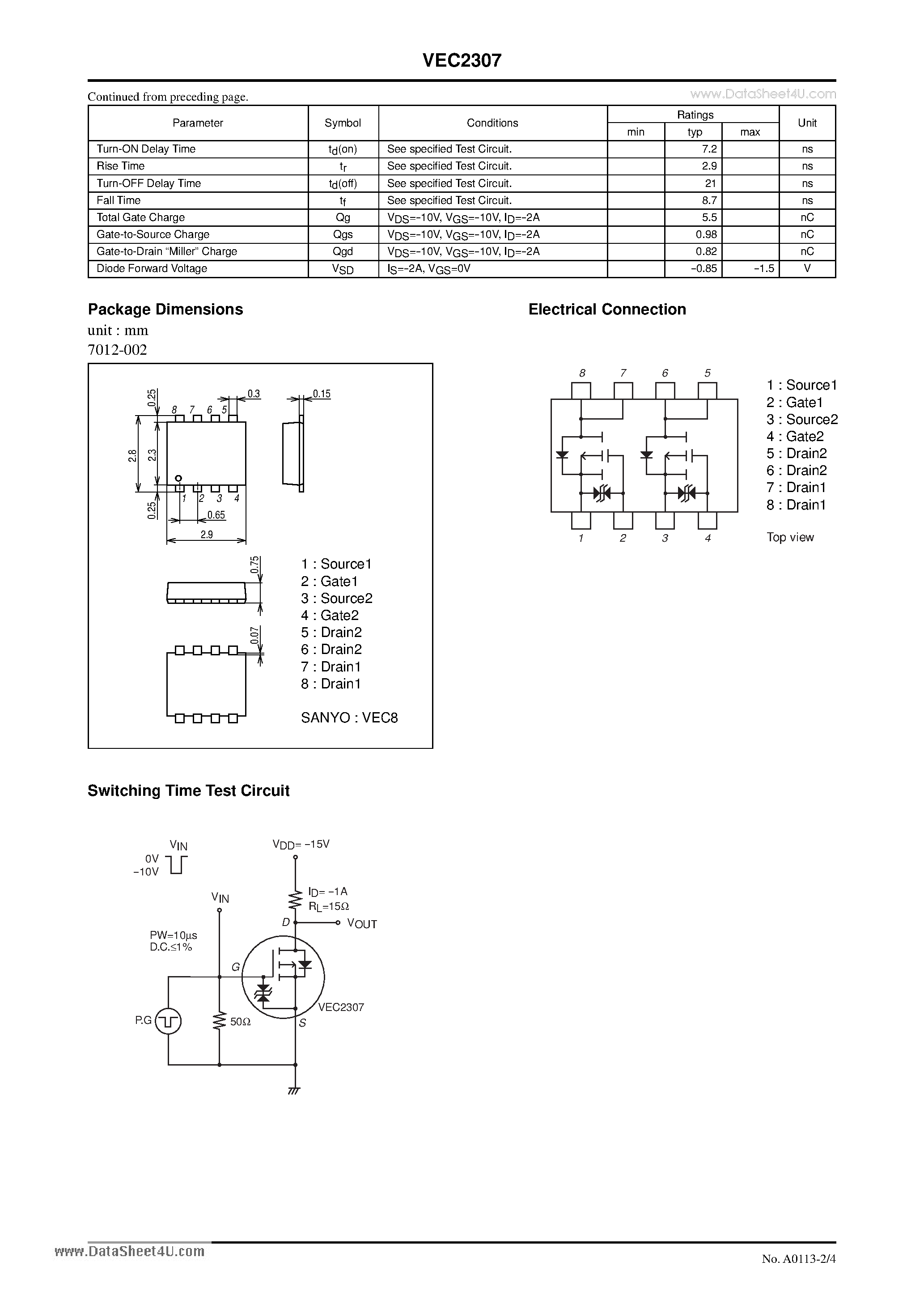 Даташит на микросхему VEC2307 страница 2 Даташит VEC2307 - P-Channel Silicon MOSFET General-Purpose Switching Device страница 2