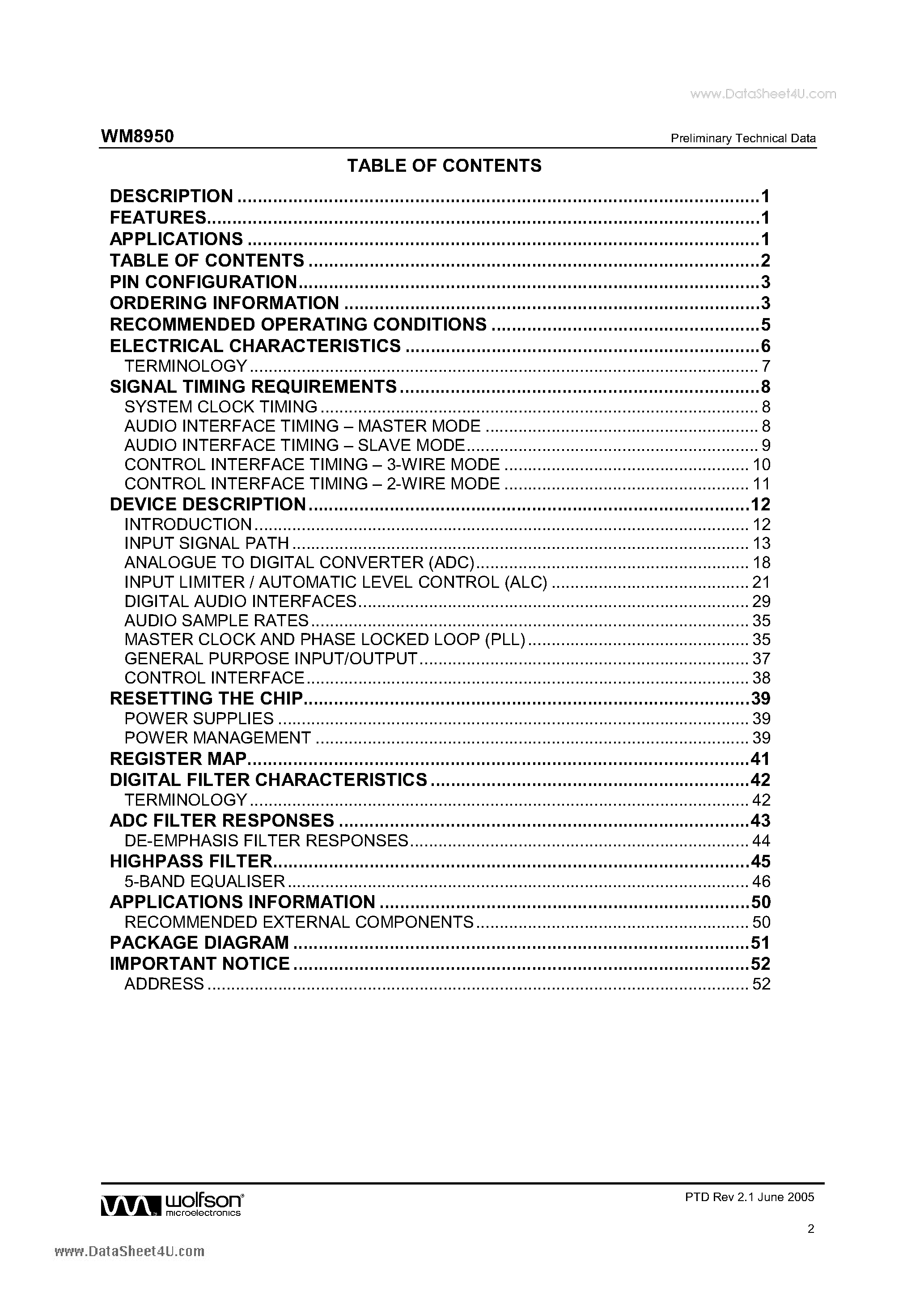 Datasheet WM8950 - ADC WITH MICROPHONE INPUT AND PROGRAMMABLE DIGITAL FILTERS page 2