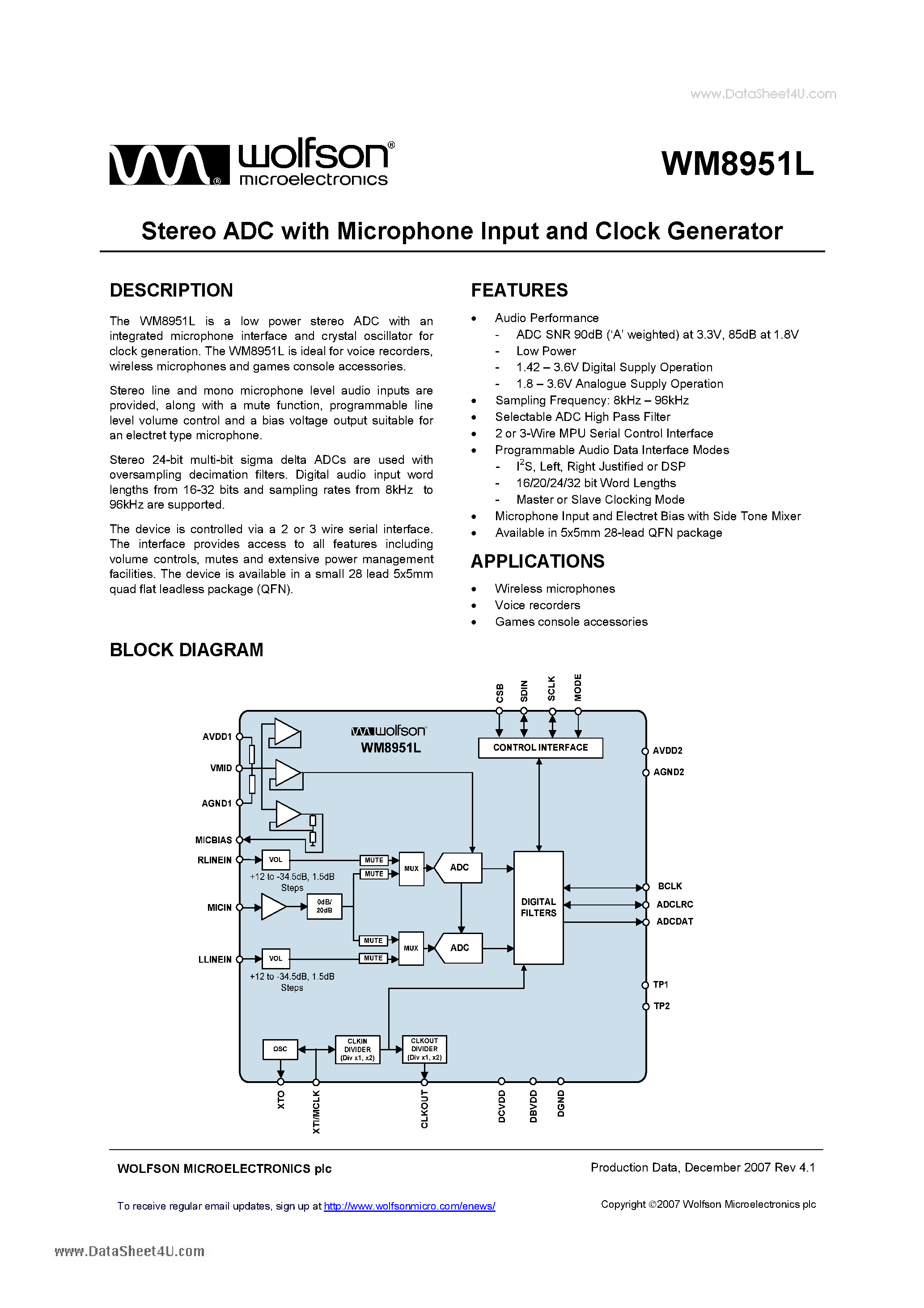 Datasheet WM8951L page 1 Datasheet WM8951L - Stereo ADC with Microphone Input and Clock Generator page 1