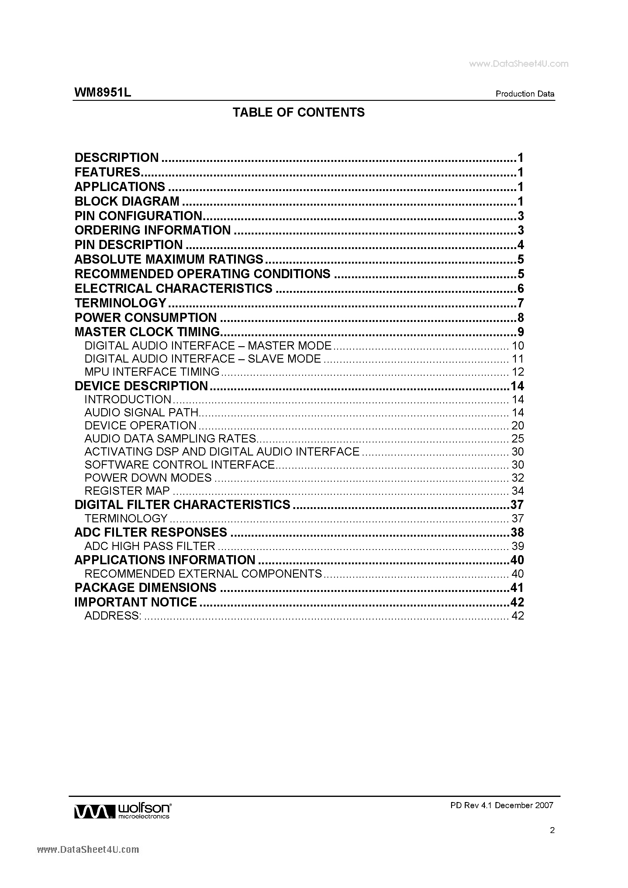 Datasheet WM8951L page 2 Datasheet WM8951L - Stereo ADC with Microphone Input and Clock Generator page 2