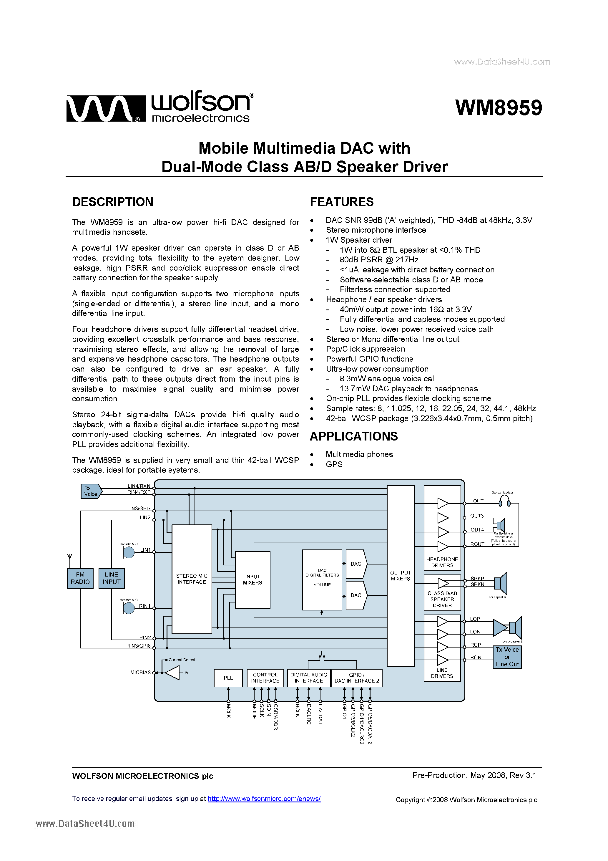 Datasheet WM8959 - Mobile Multimedia DAC page 1