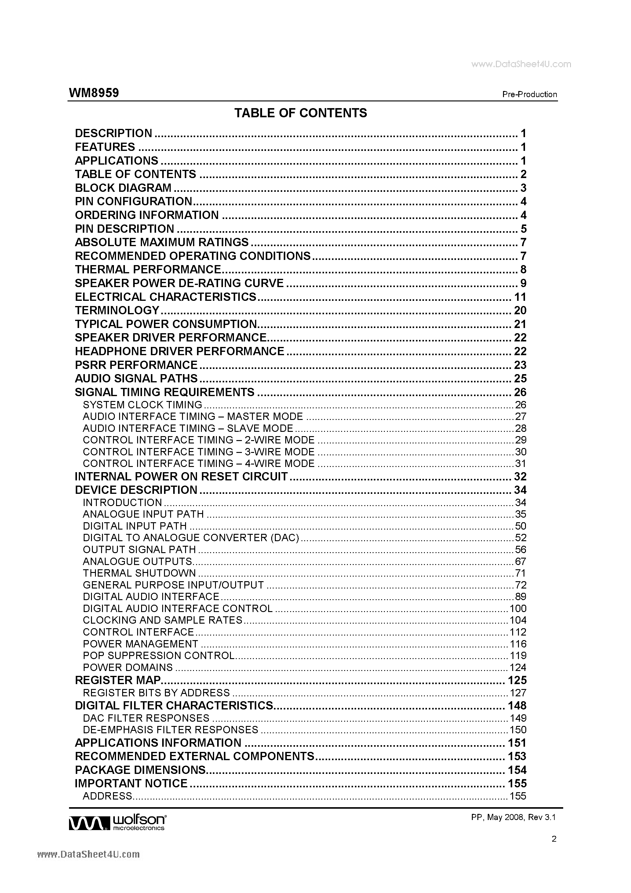 Datasheet WM8959 - Mobile Multimedia DAC page 2