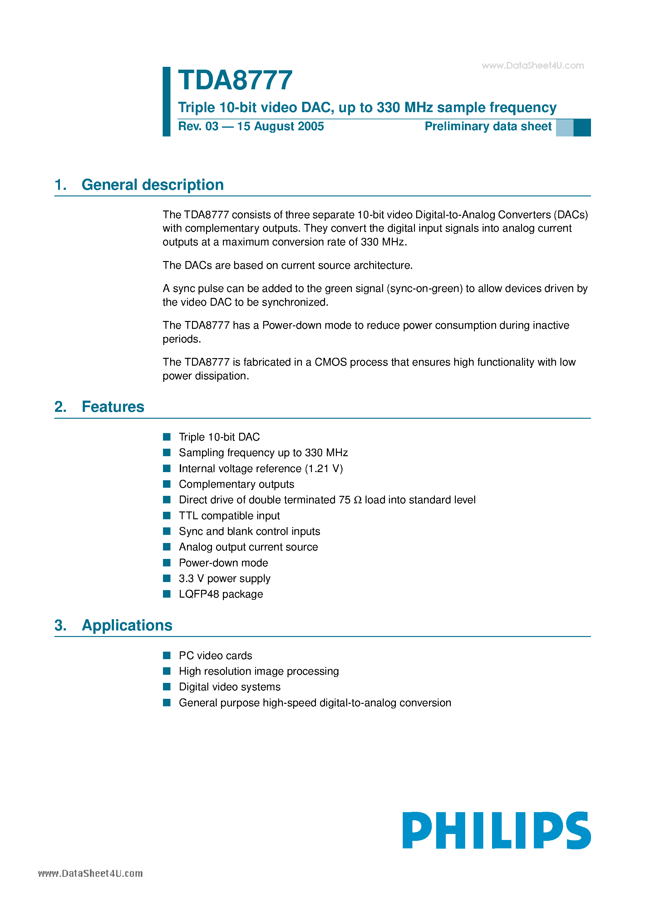 Datasheet TDA8777 - Triple 10-bit video DAC up to 330 MHz sample frequency page 1