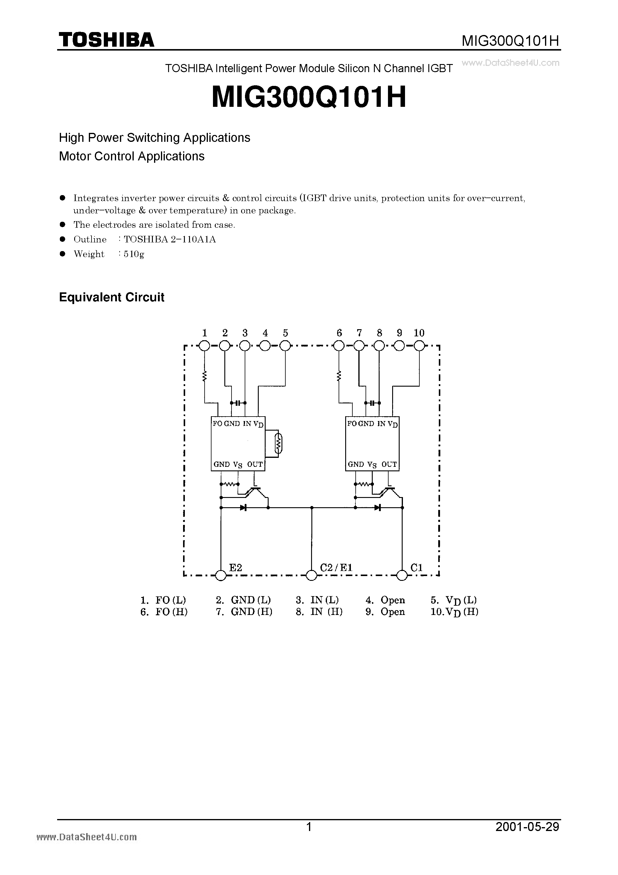 Datasheet MIG300Q101H - Intelligent Power Module Silicon N Channel IGBT page 1