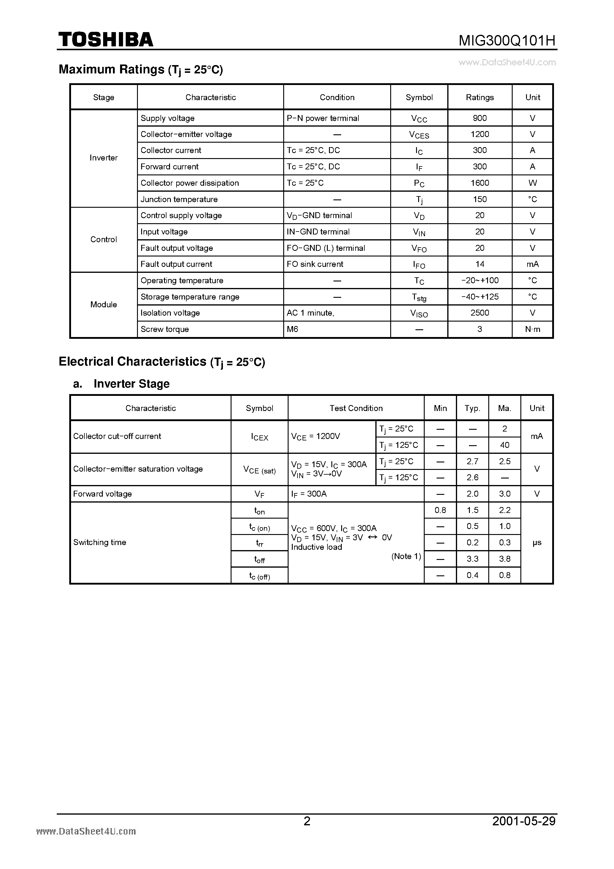 Datasheet MIG300Q101H - Intelligent Power Module Silicon N Channel IGBT page 2