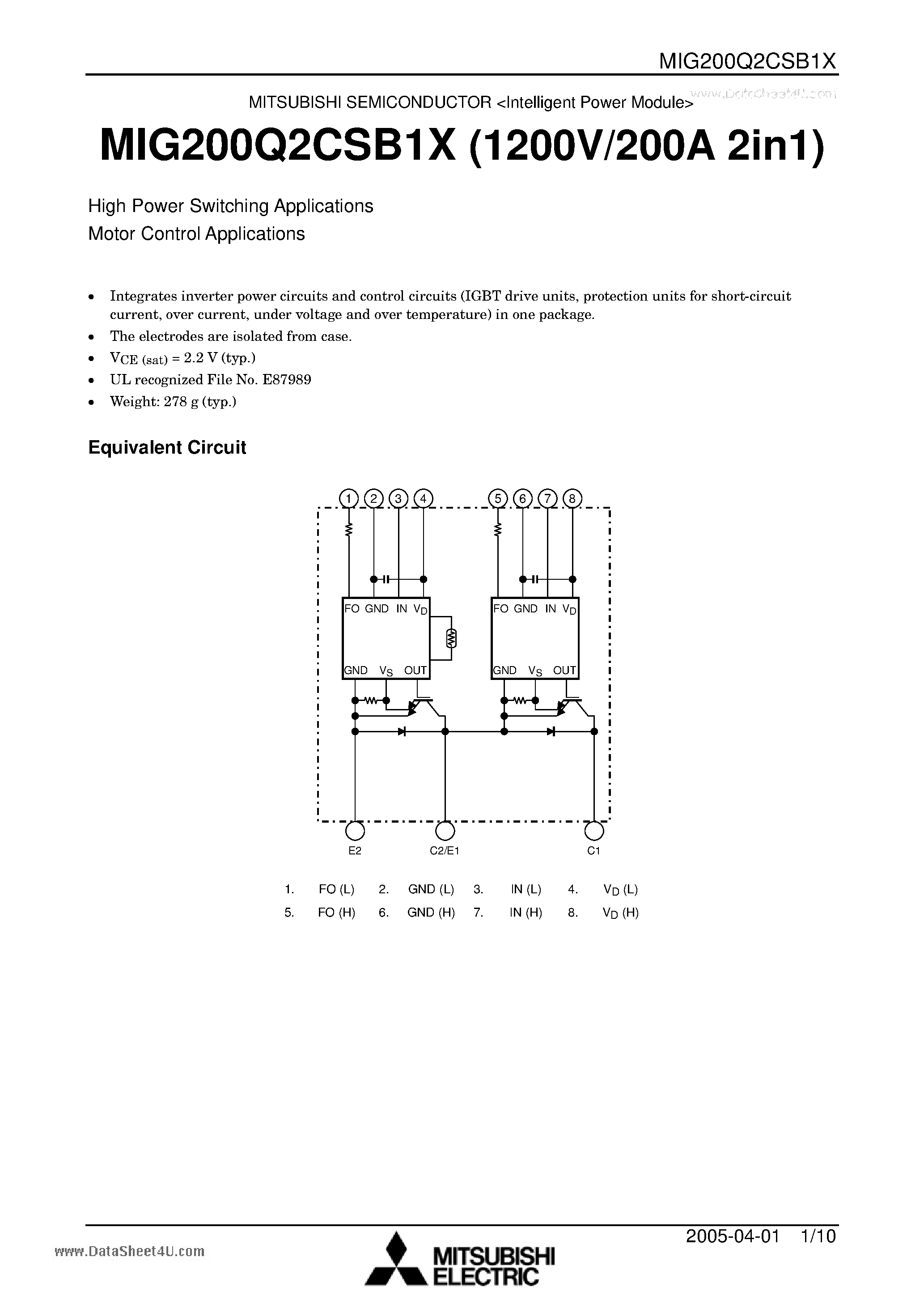 Datasheet MIG200Q2CSB1X - High Power Switching Applications Motor Control Applications page 1