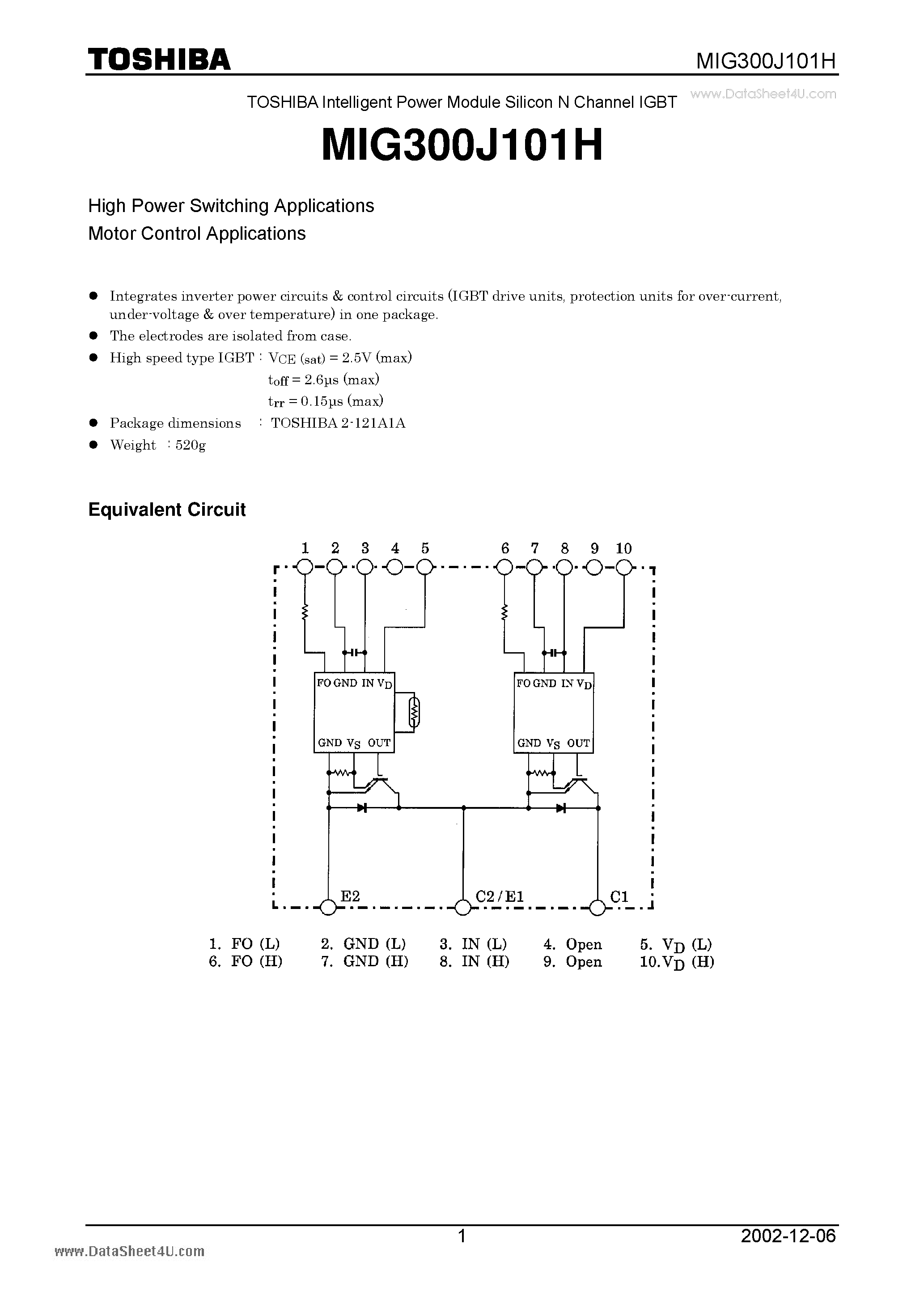 Datasheet MIG300J101H - TOSHIBA Intelligent Power Module Silicon N Channel IGBT page 1
