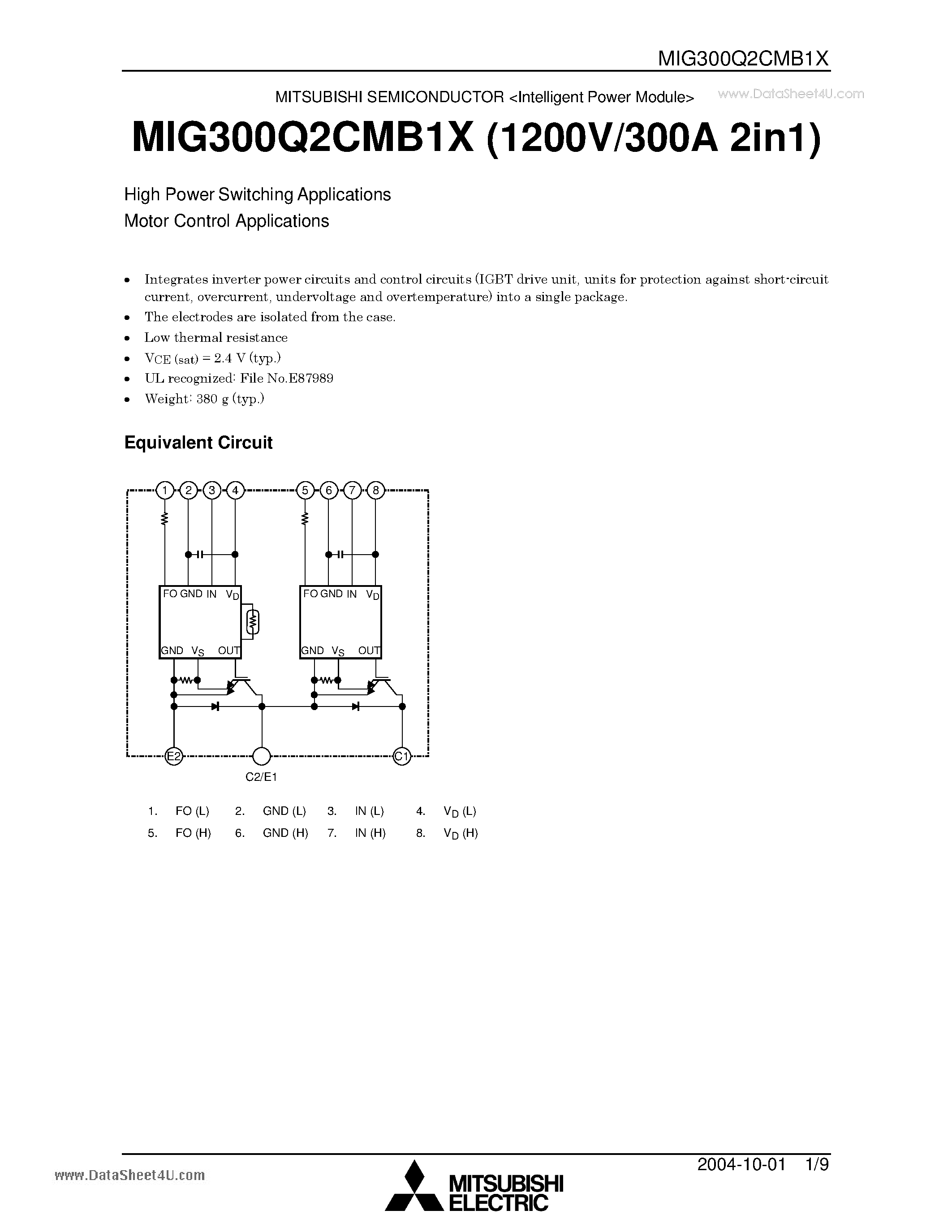 Datasheet MIG300Q2CMB1X page 1 Datasheet MIG300Q2CMB1X - High Power Switching Applications Motor Control Applications page 1