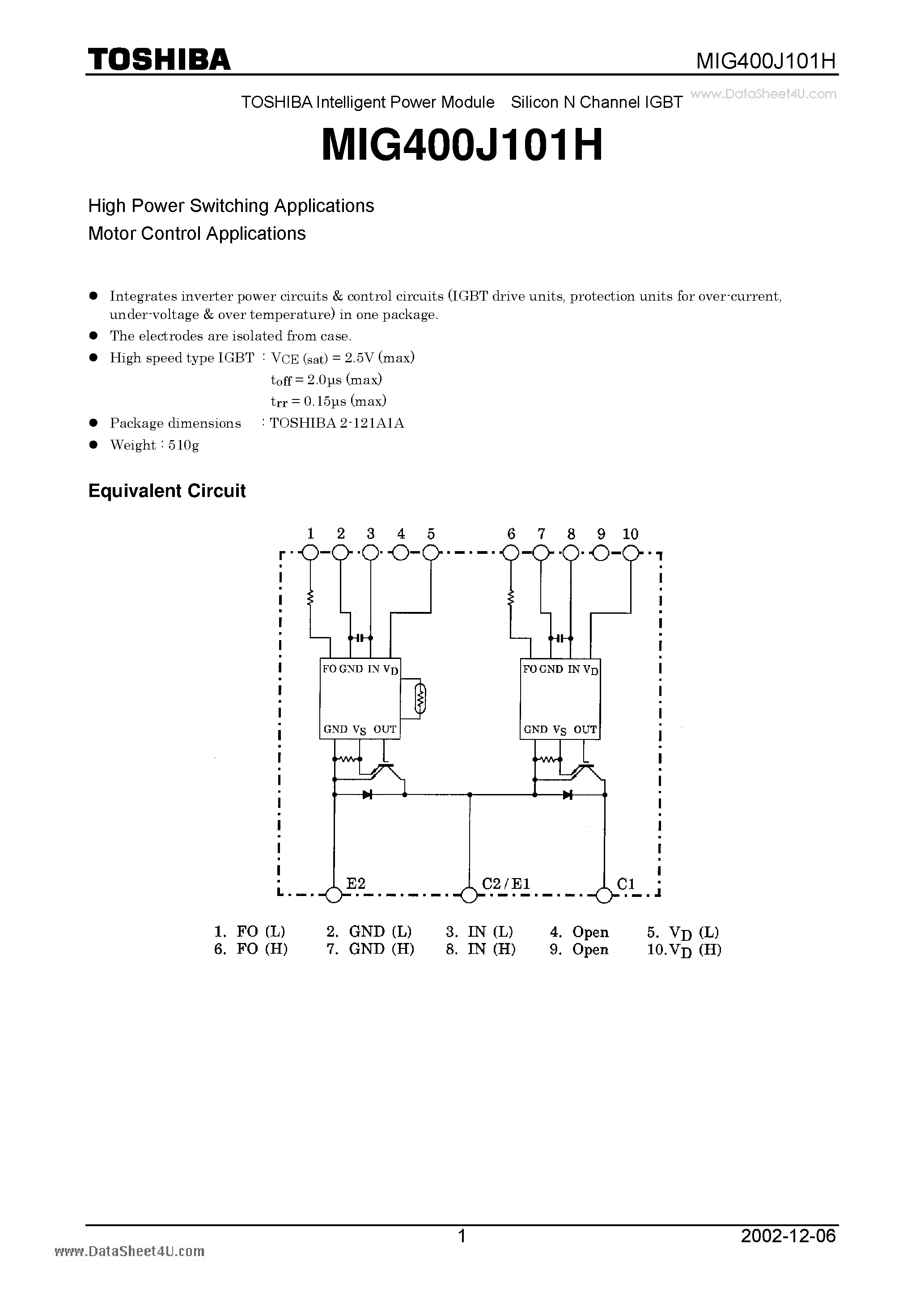 Datasheet MIG400J101H - TOSHIBA Intelligent Power Module Silicon N Channel IGBT page 1