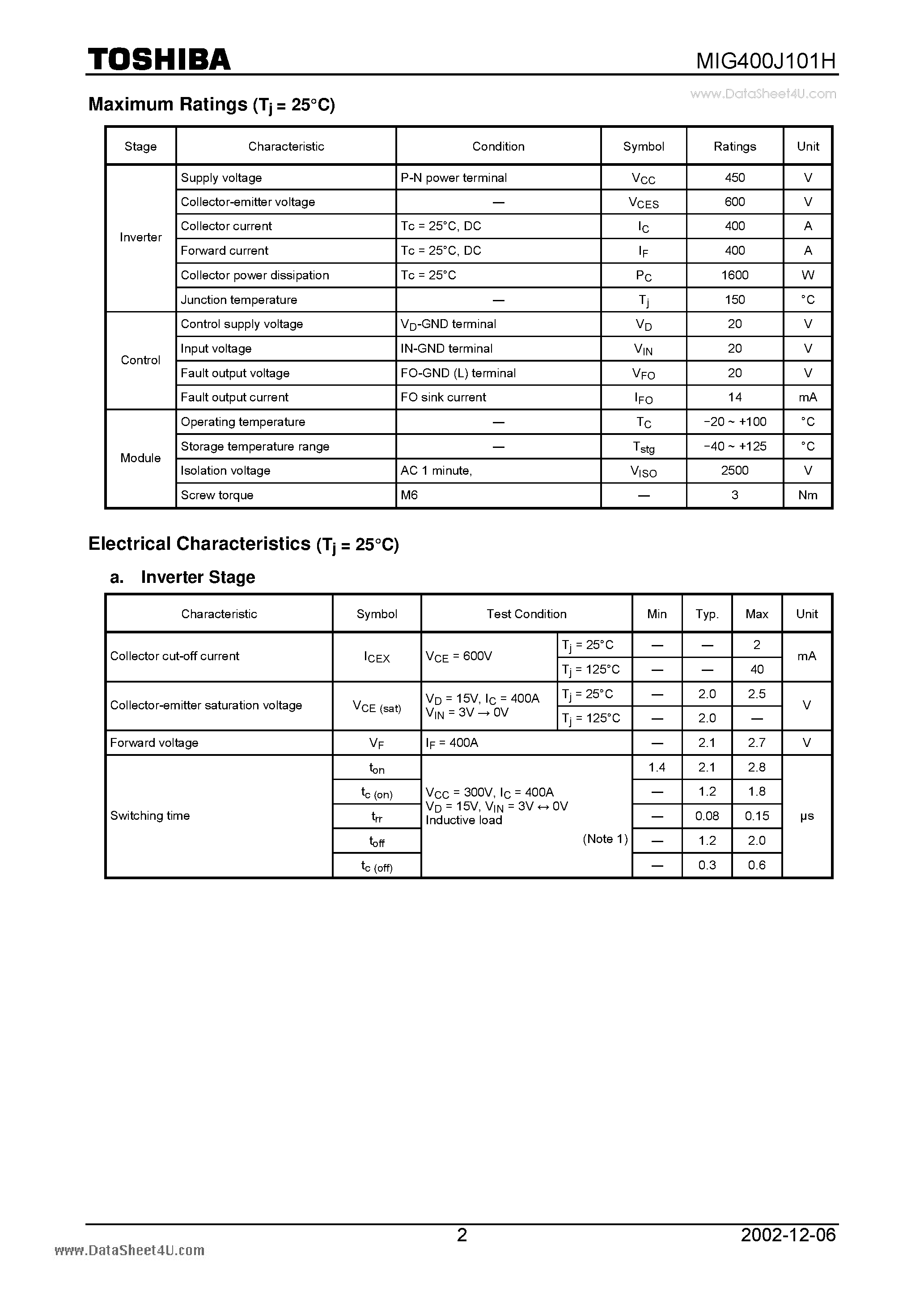 Datasheet MIG400J101H - TOSHIBA Intelligent Power Module Silicon N Channel IGBT page 2