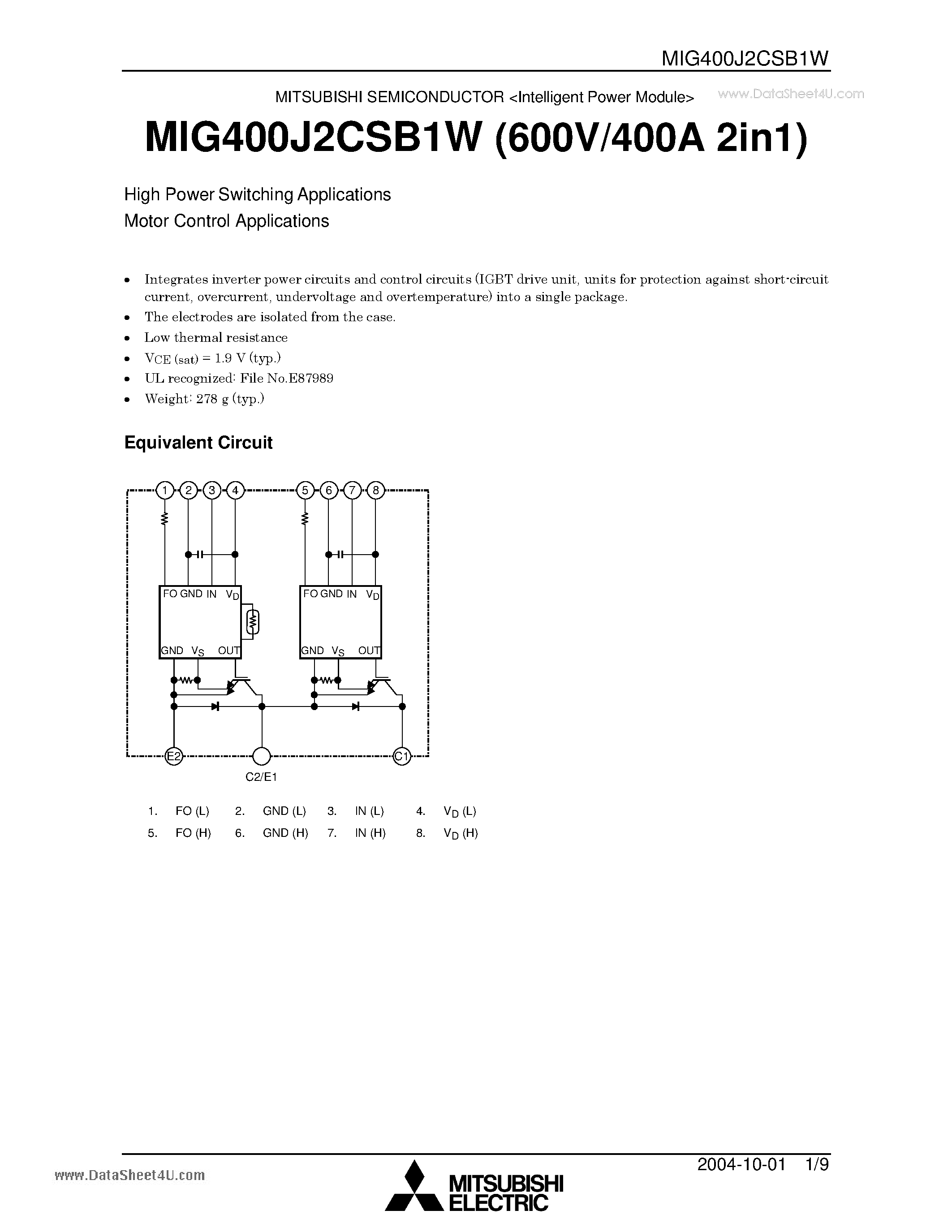 Datasheet MIG400J2CSB1W page 1 Datasheet MIG400J2CSB1W - High Power Switching Applications Motor Control Applications page 1