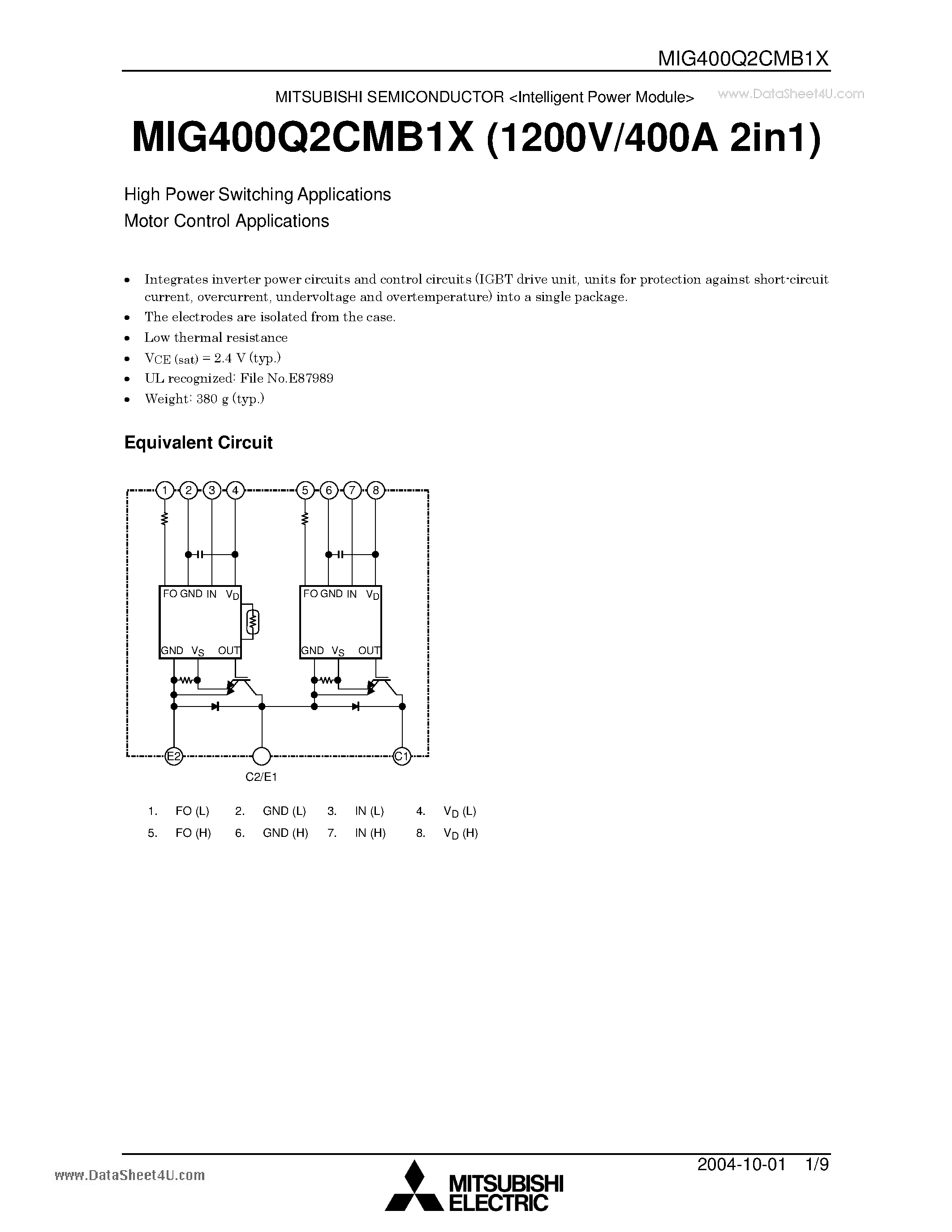 Datasheet MIG400Q2CMB1X page 1 Datasheet MIG400Q2CMB1X - High Power Switching Applications Motor Control Applications page 1