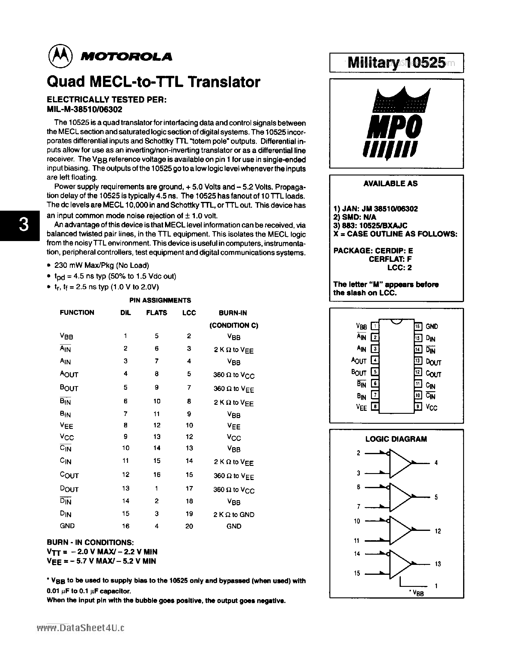 Datasheet MIL-M-06302 - Quad MECL-to-TTL Translator page 1