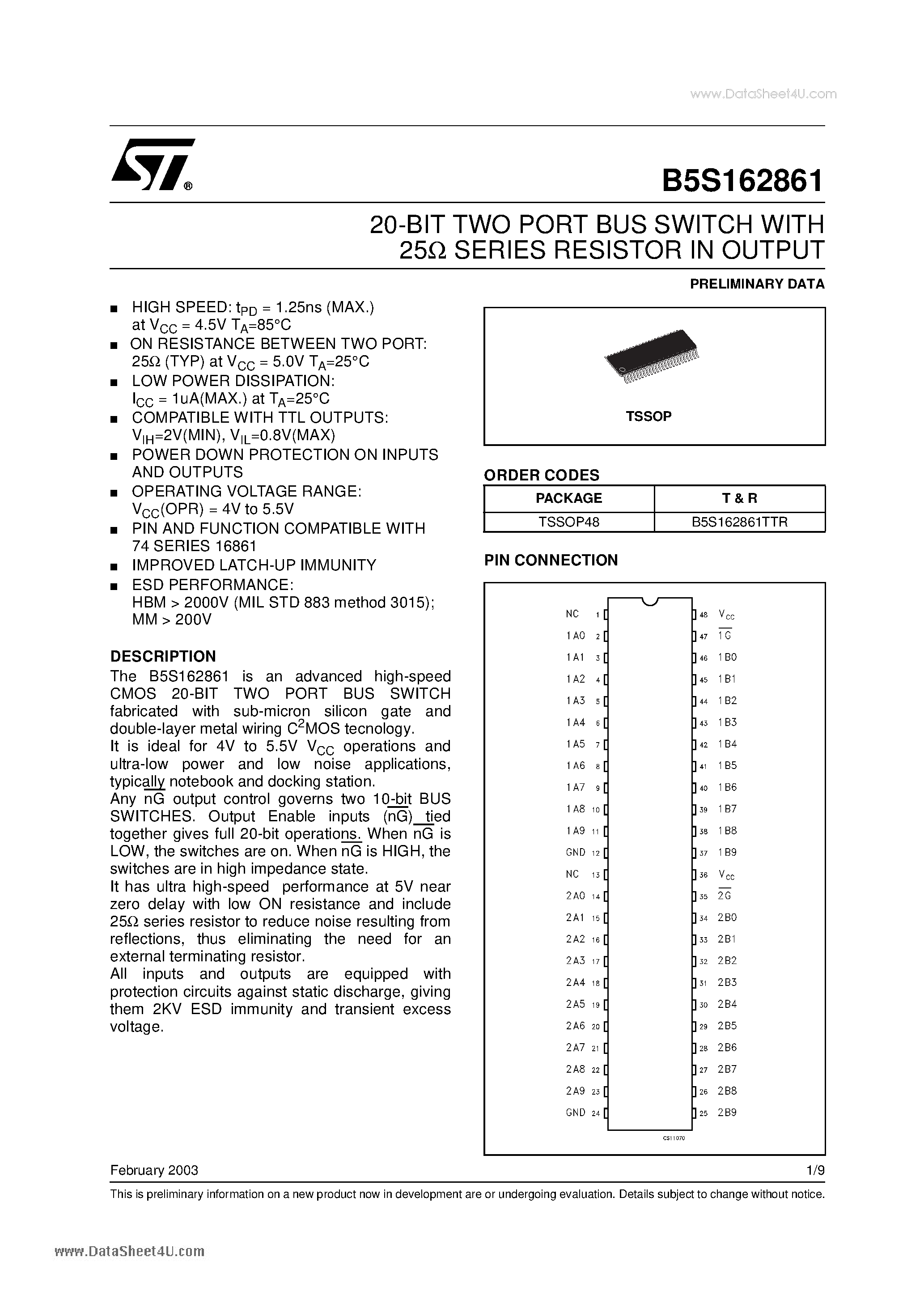 Даташит на микросхему B5S162861 страница 1 Даташит B5S162861 - 20-BIT TWO PORT BUS SWITCH страница 1