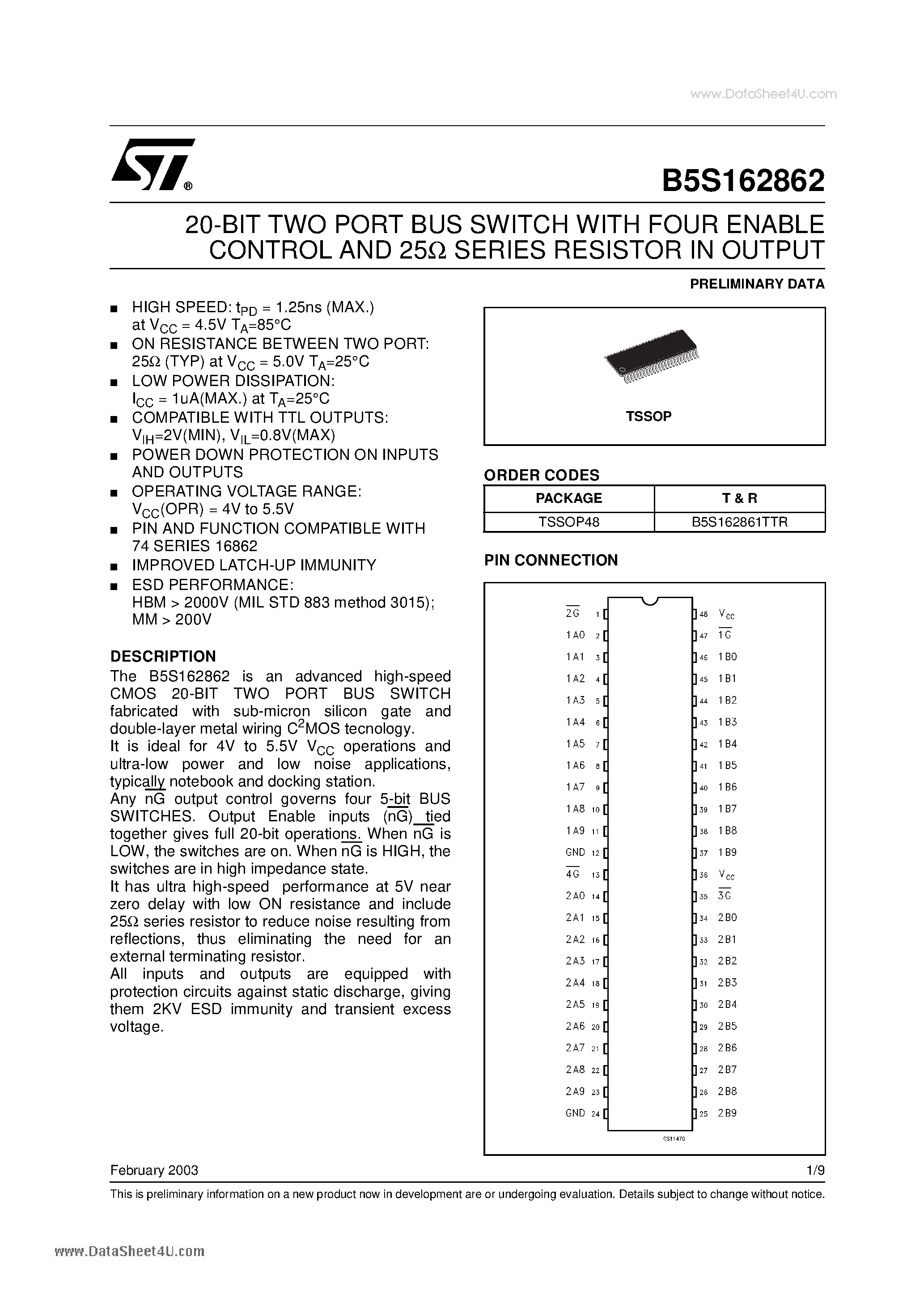 Даташит на микросхему B5S162862 страница 1 Даташит B5S162862 - 20-BIT TWO PORT BUS SWITCH страница 1