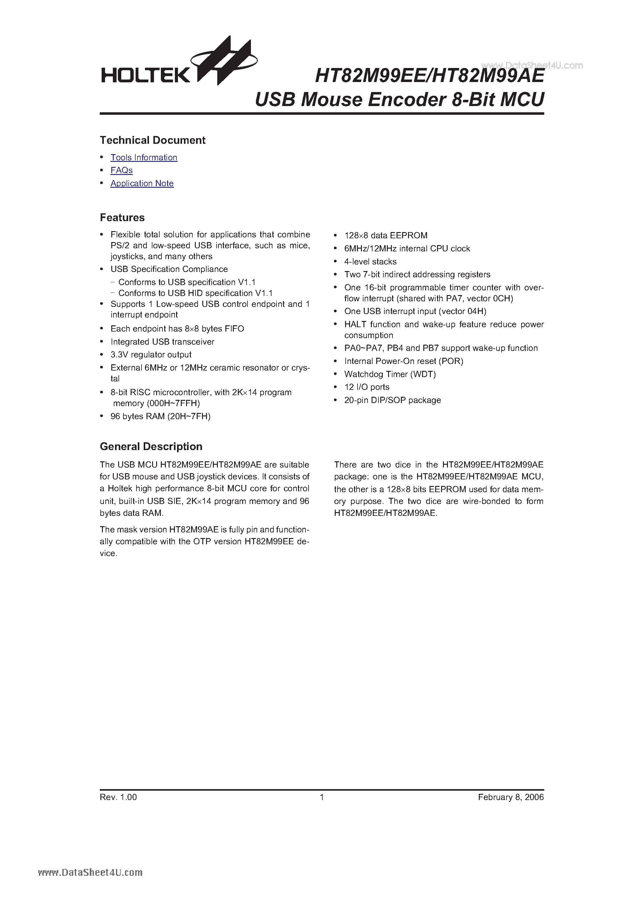 Datasheet HT82M99AE - USB Mouse Encoder 8-Bit MCU page 1