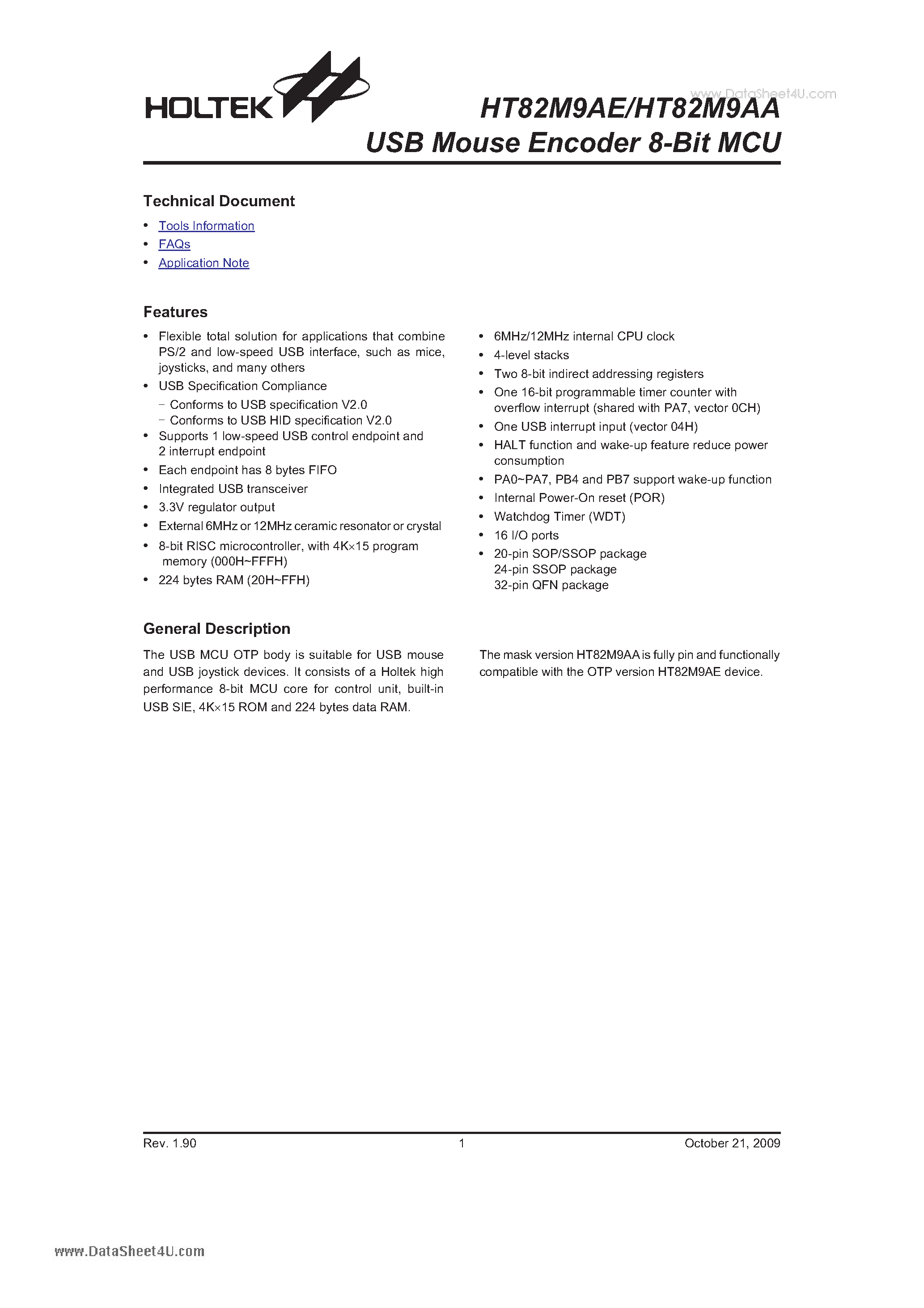Datasheet HT82M9AA - USB Mouse Encoder 8-Bit MCU page 1