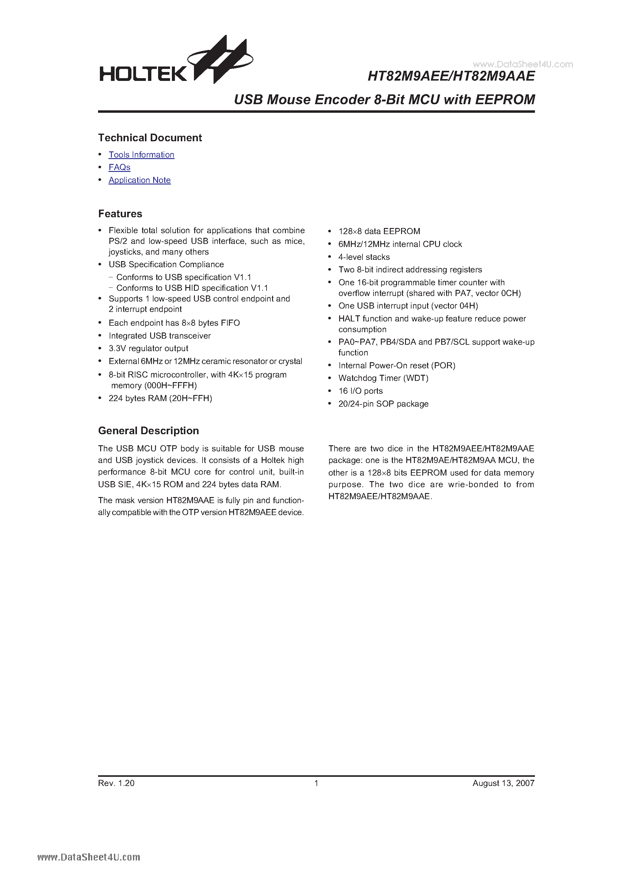 Datasheet HT82M9AAE - USB Mouse Encoder 8-Bit MCU with EEPROM page 1