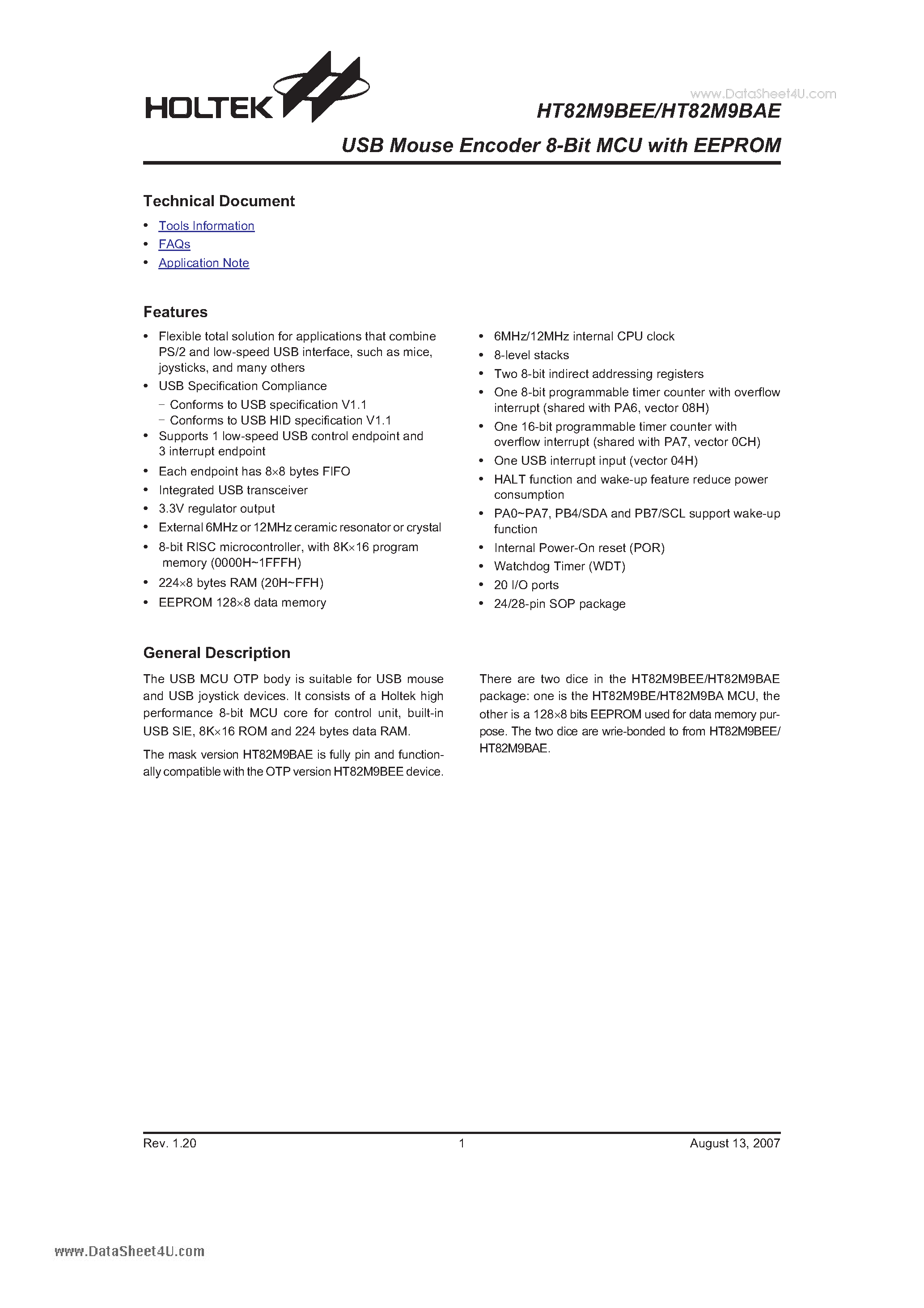 Datasheet HT82M9BAE - USB Mouse Encoder 8-Bit MCU with EEPROM page 1